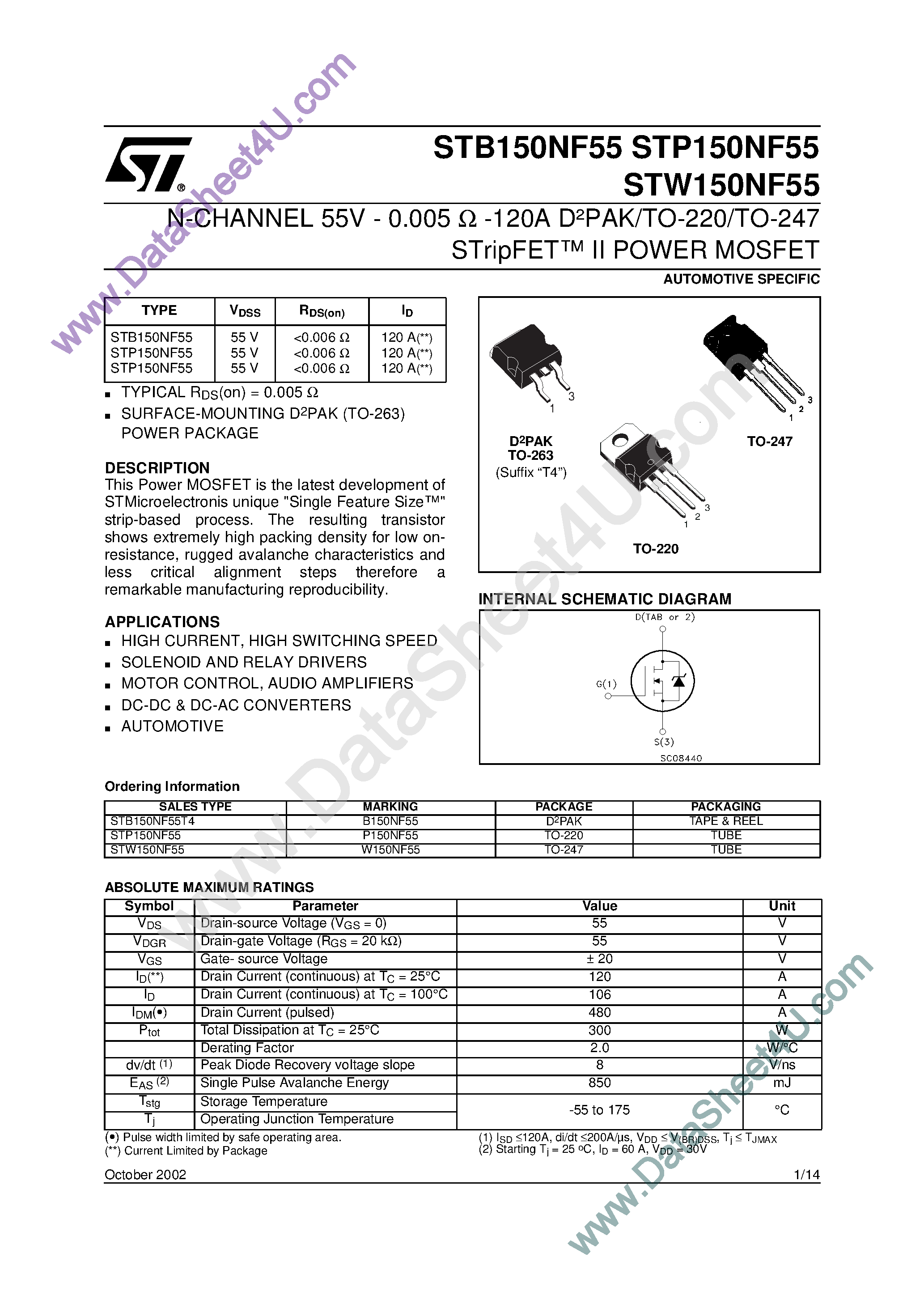 Datasheet STW150NF55 page 1 Datasheet STW150NF55 - N-CHANNEL POWER MOSFET page 1