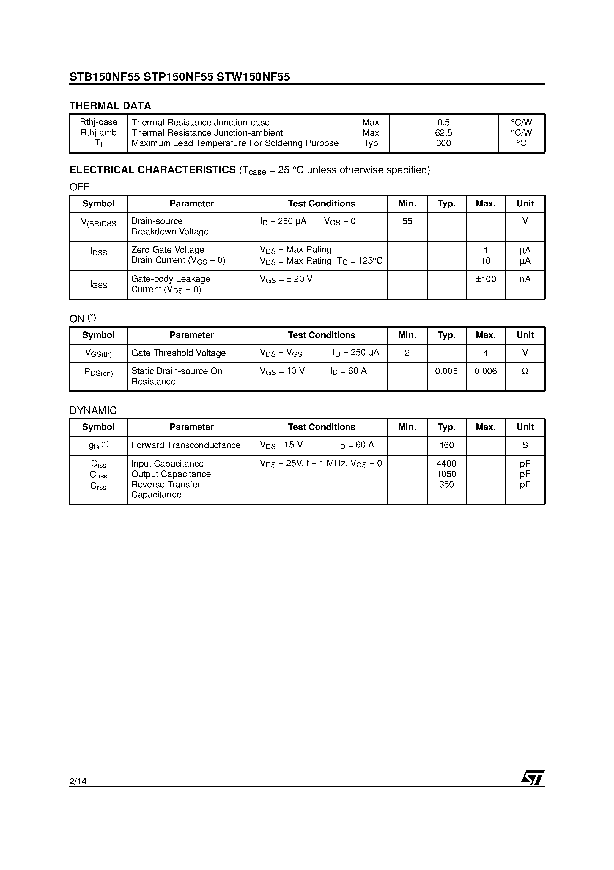 Datasheet STW150NF55 page 2 Datasheet STW150NF55 - N-CHANNEL POWER MOSFET page 2