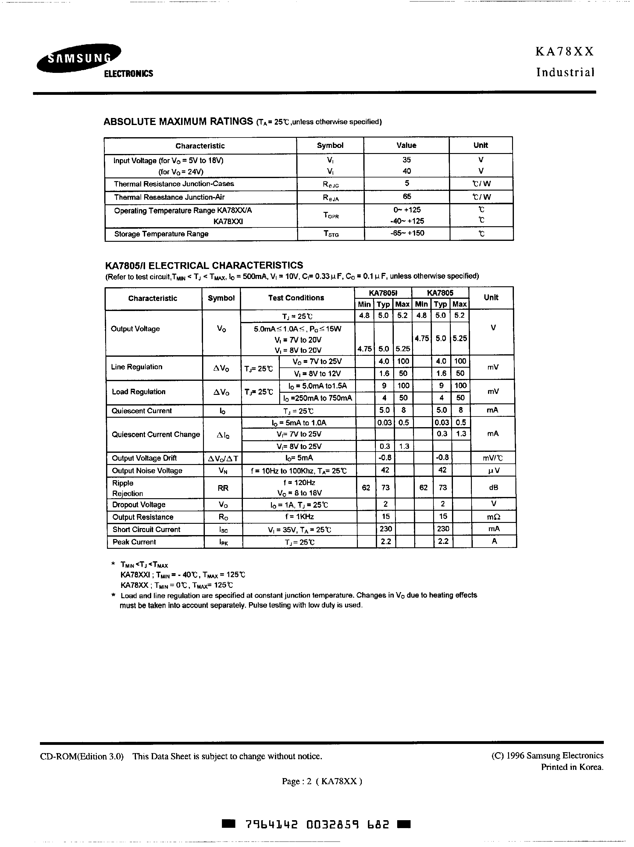 Datasheet KA7805 page 2 Datasheet KA7805 - (KA78xx) 3-Teminal 1A Positive Voltage Regulators page 2
