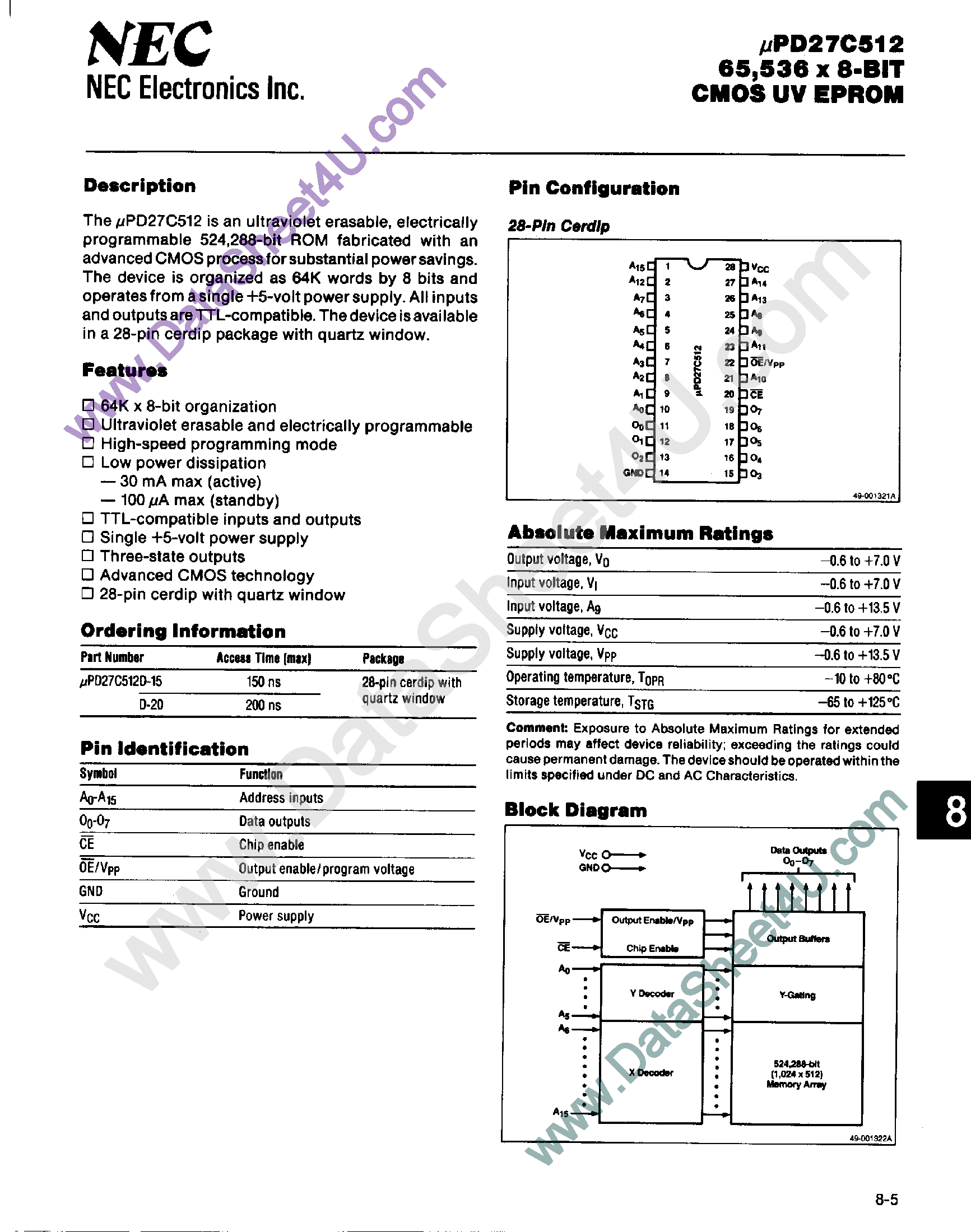 Даташит UPD27C512 - 65536 x 8-Bit CMOS UV EPROM страница 1