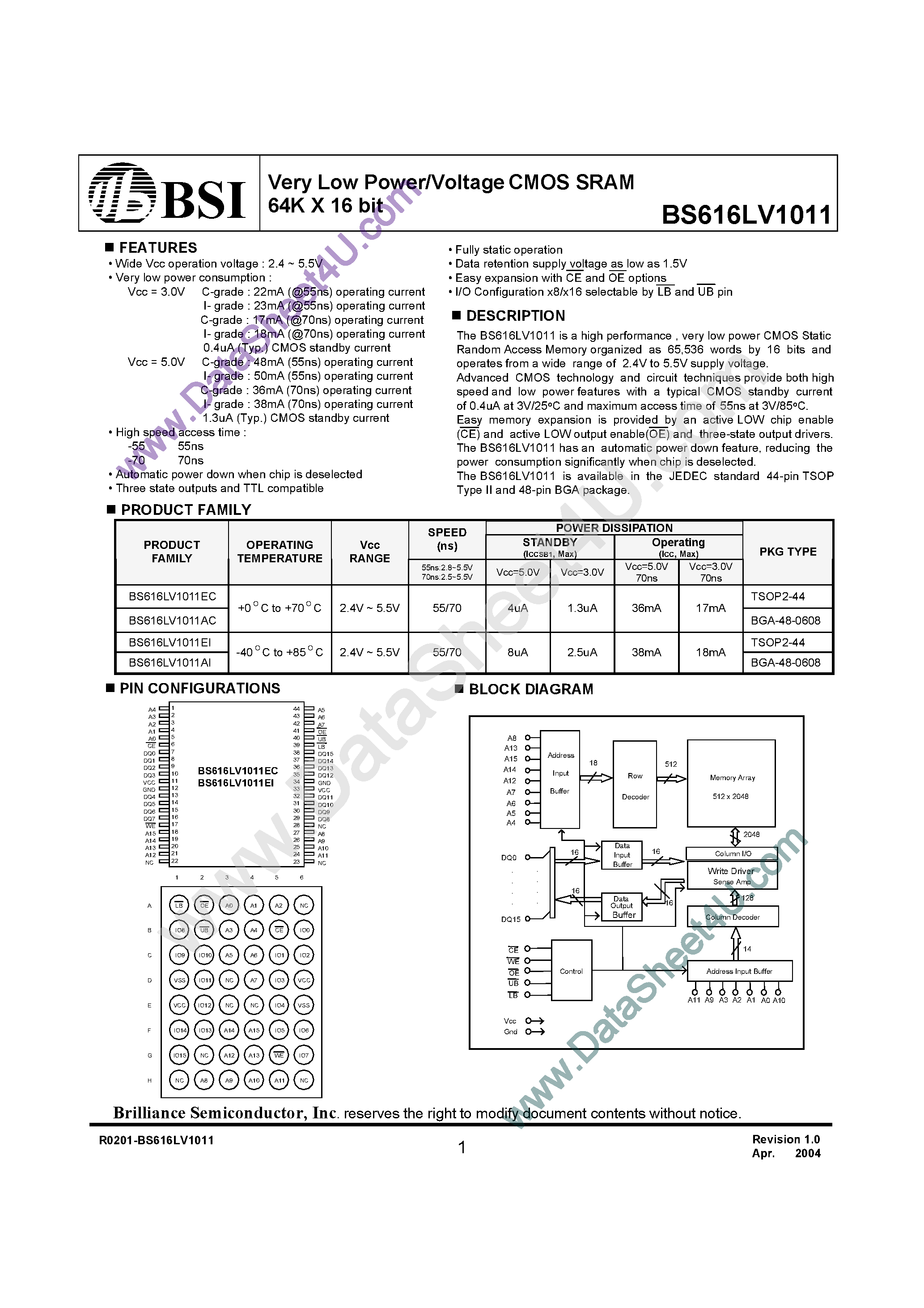 Даташит на микросхему BS616LV1011 страница 1 Даташит BS616LV1011 - Very Low Power/Voltage CMOS SRAM 64K X 16 bit страница 1