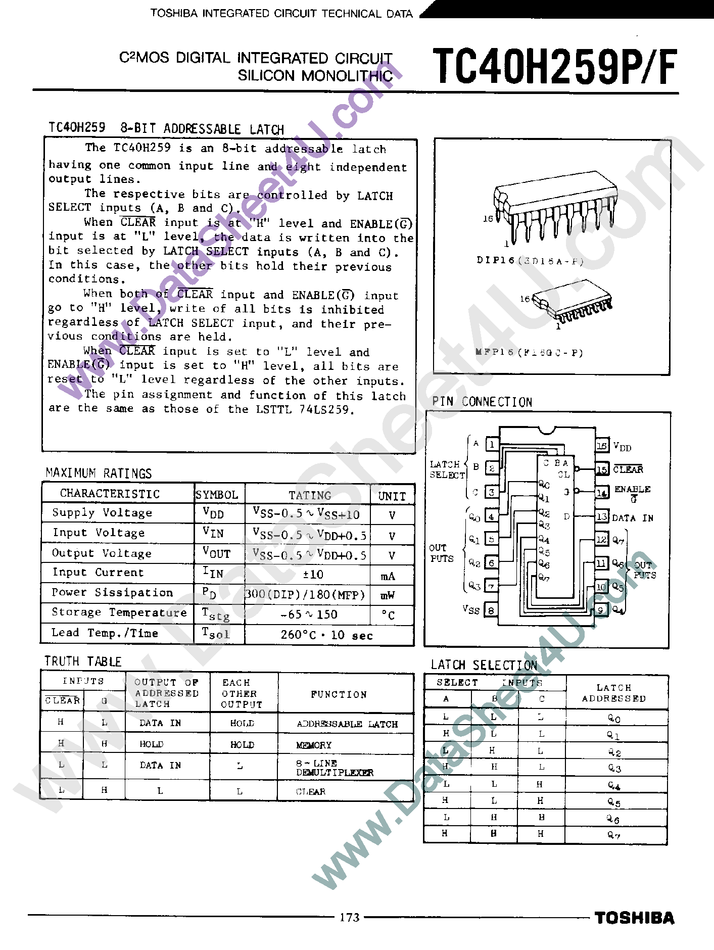 Datasheet TC40H259 - 8-Bit Addressable Latch page 1
