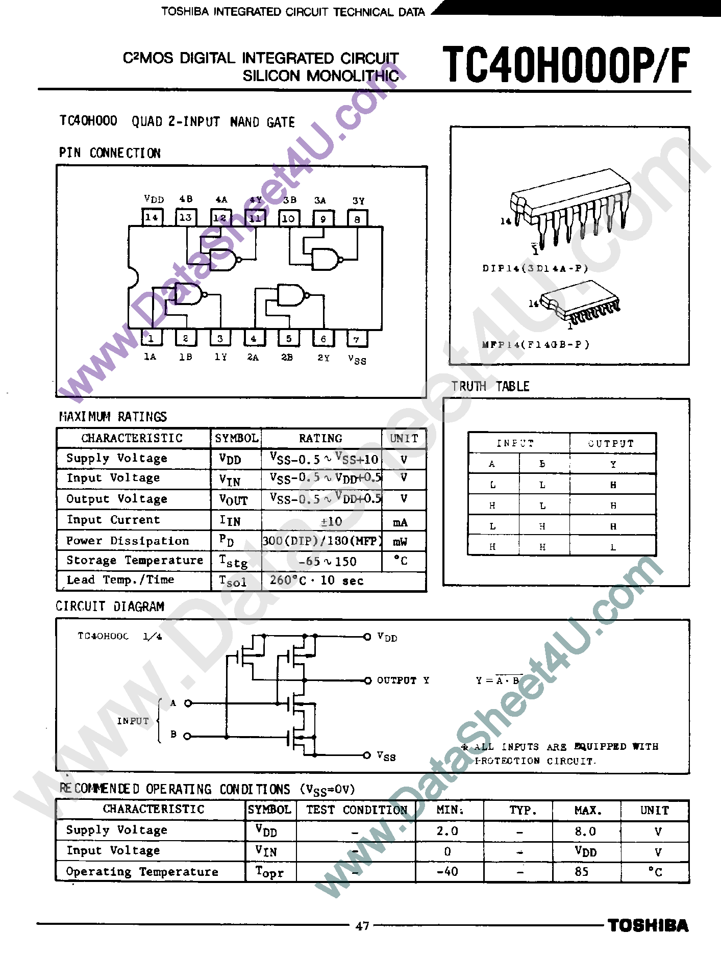 Datasheet TC40H000 - Quad 2-Input NAND Gate page 1