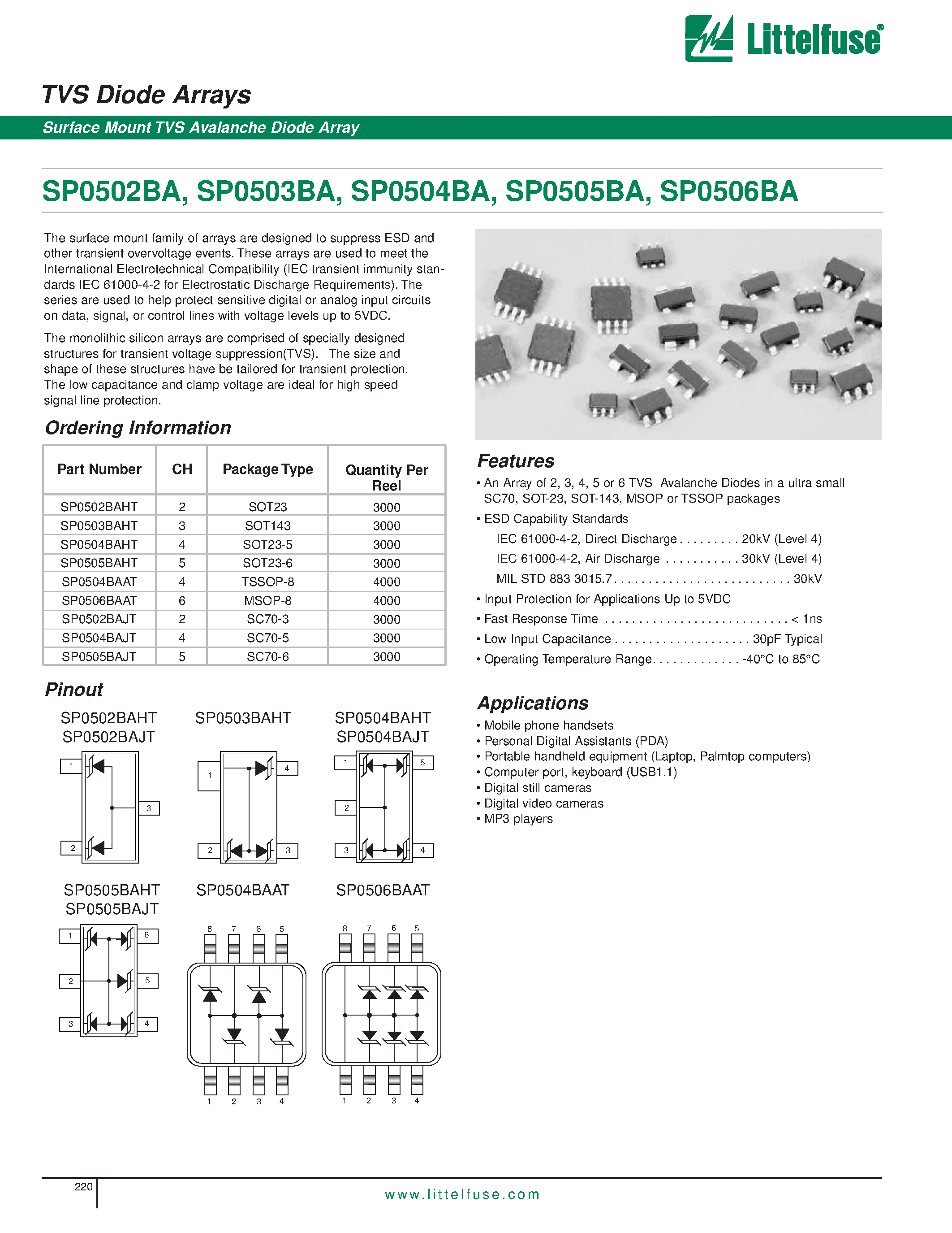 Datasheet SP0502BA page 1 Datasheet SP0502BA - (SP0502BA - SP0506BA) TVS Diode Arrays - Surface Mount TVS Avalanche Diode Array page 1