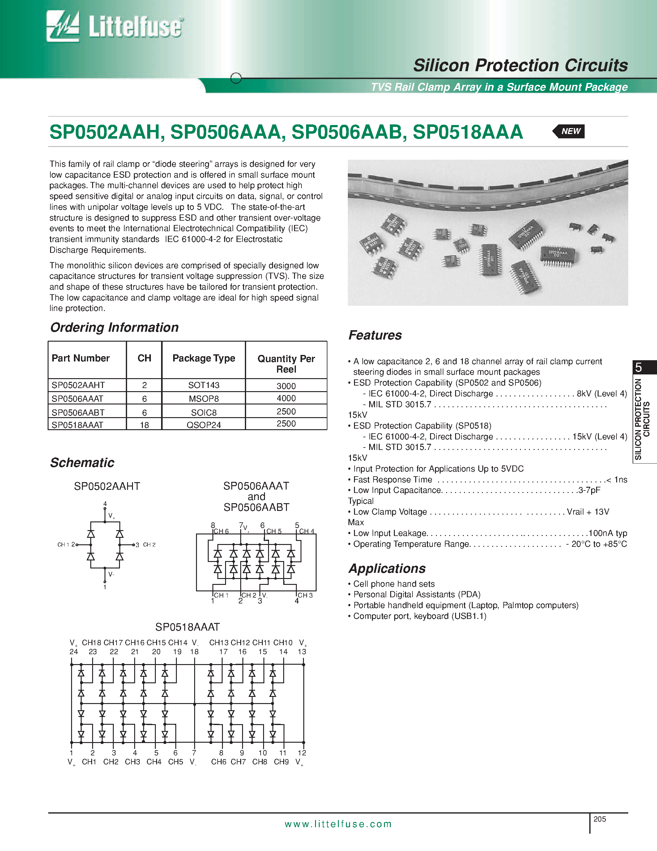 Datasheet SP0502AAH - (SP05xxAAx) Silicon Protection Circuits - TVS Rail Clamp Array in a Surface Mount Package page 1