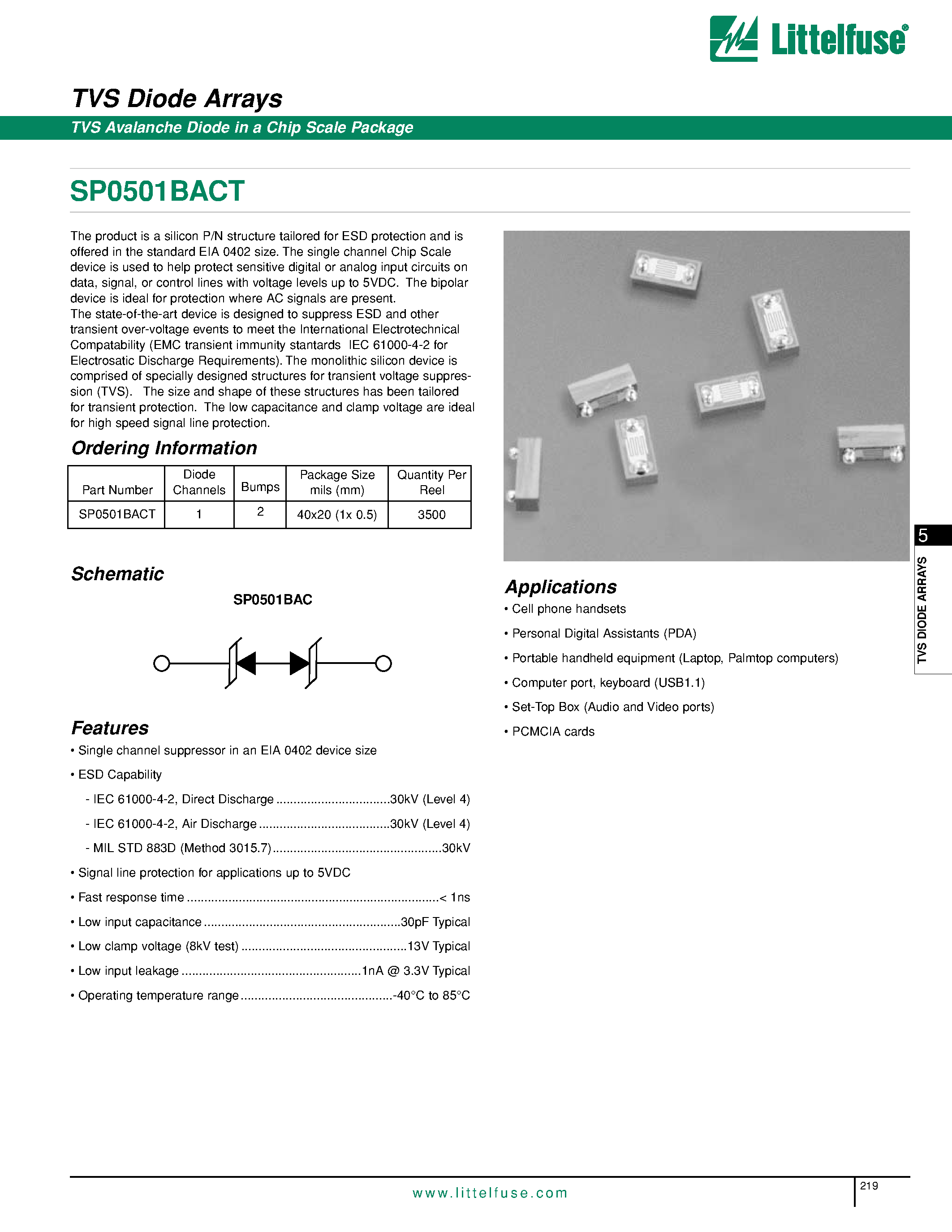 Datasheet SP0501BACT - TVS Diode Arrays - TVS Avalanche Diode in a Chip Scale Package page 1