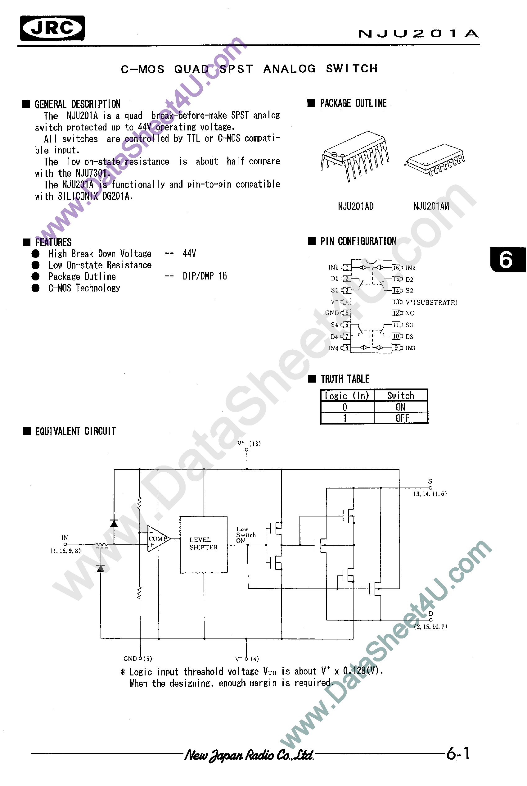 Datasheet NJU201A page 1 Datasheet NJU201A - C-MOS QUAD SPST ANALOG SWITCH page 1