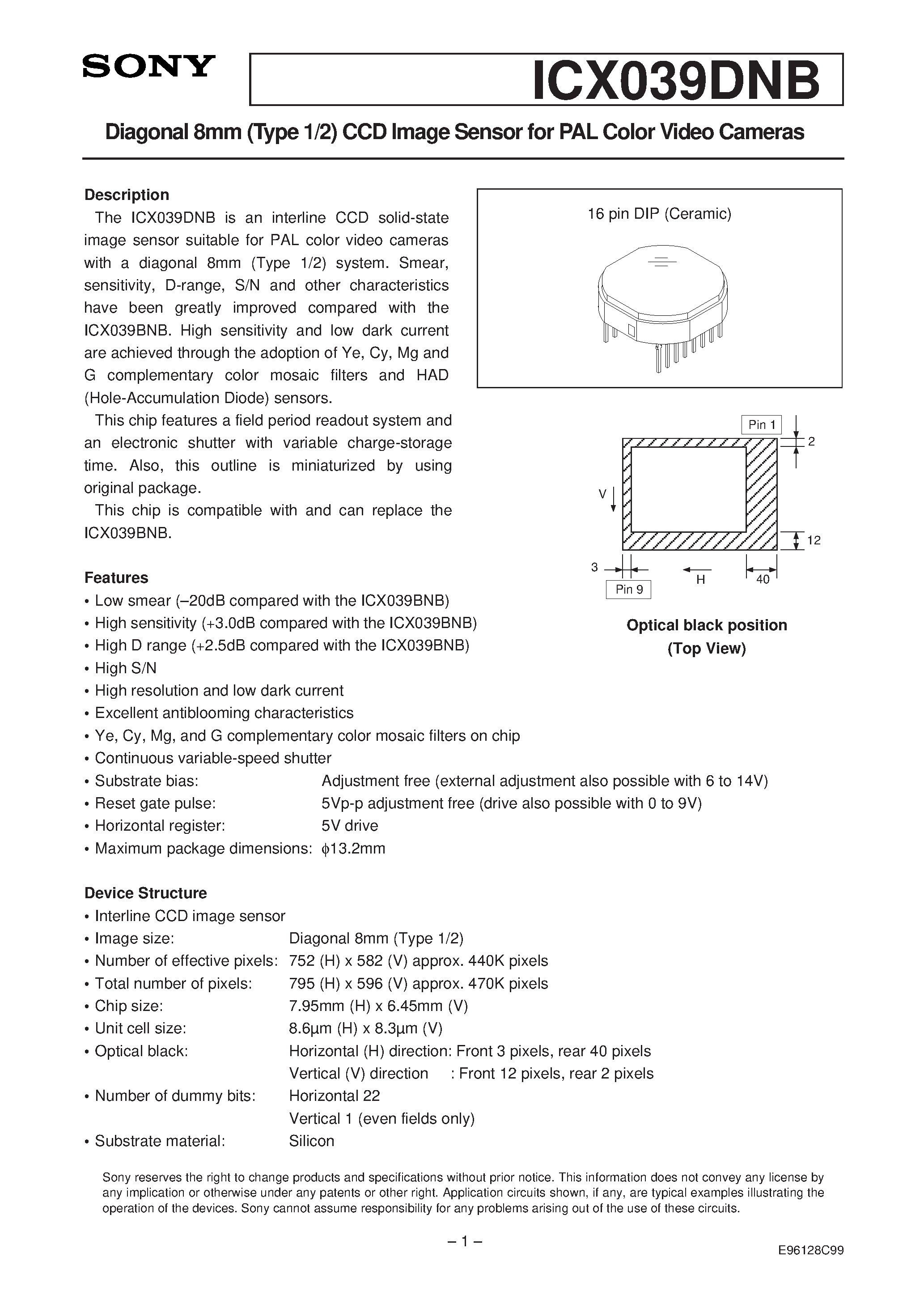 Datasheet ICX039DNB - Diagonal 8mm (Type 1/2) CCD Image Sensor for PAL Color Video Cameras page 1