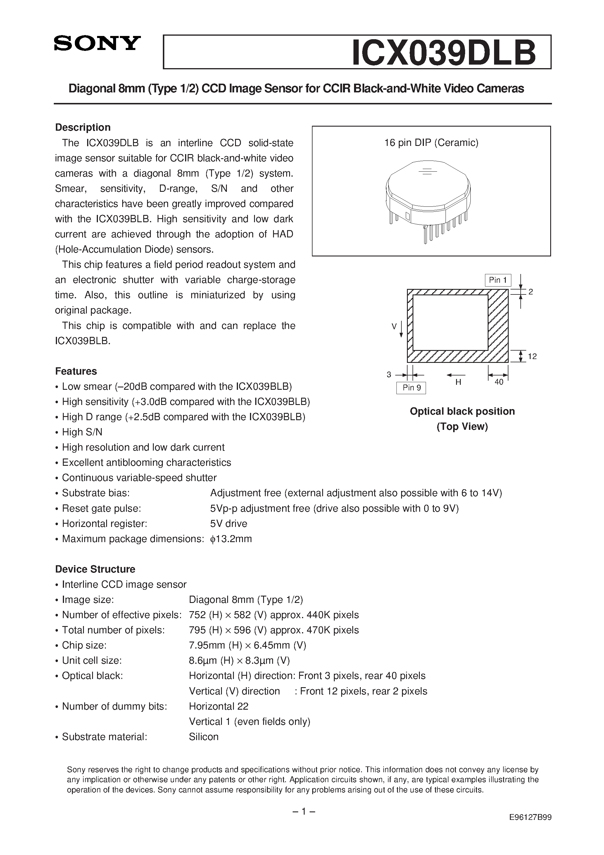 Datasheet ICX039DLB - Diagonal 8mm (Type 1/2) CCD Image Sensor for CCIR Black-and-White Video Cameras page 1