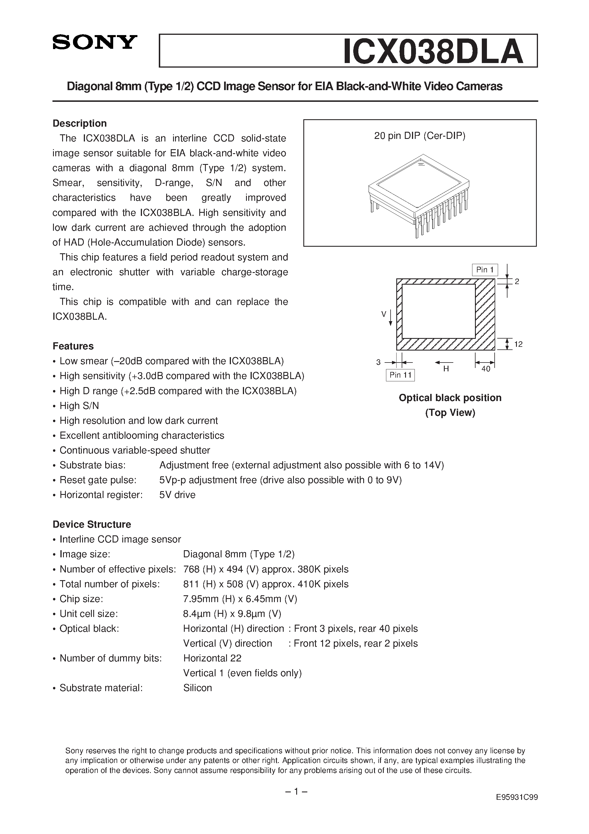 Datasheet ICX038DLA - Diagonal 8mm (Type 1/2) CCD Image Sensor for EIA Black-and-White Video Cameras page 1