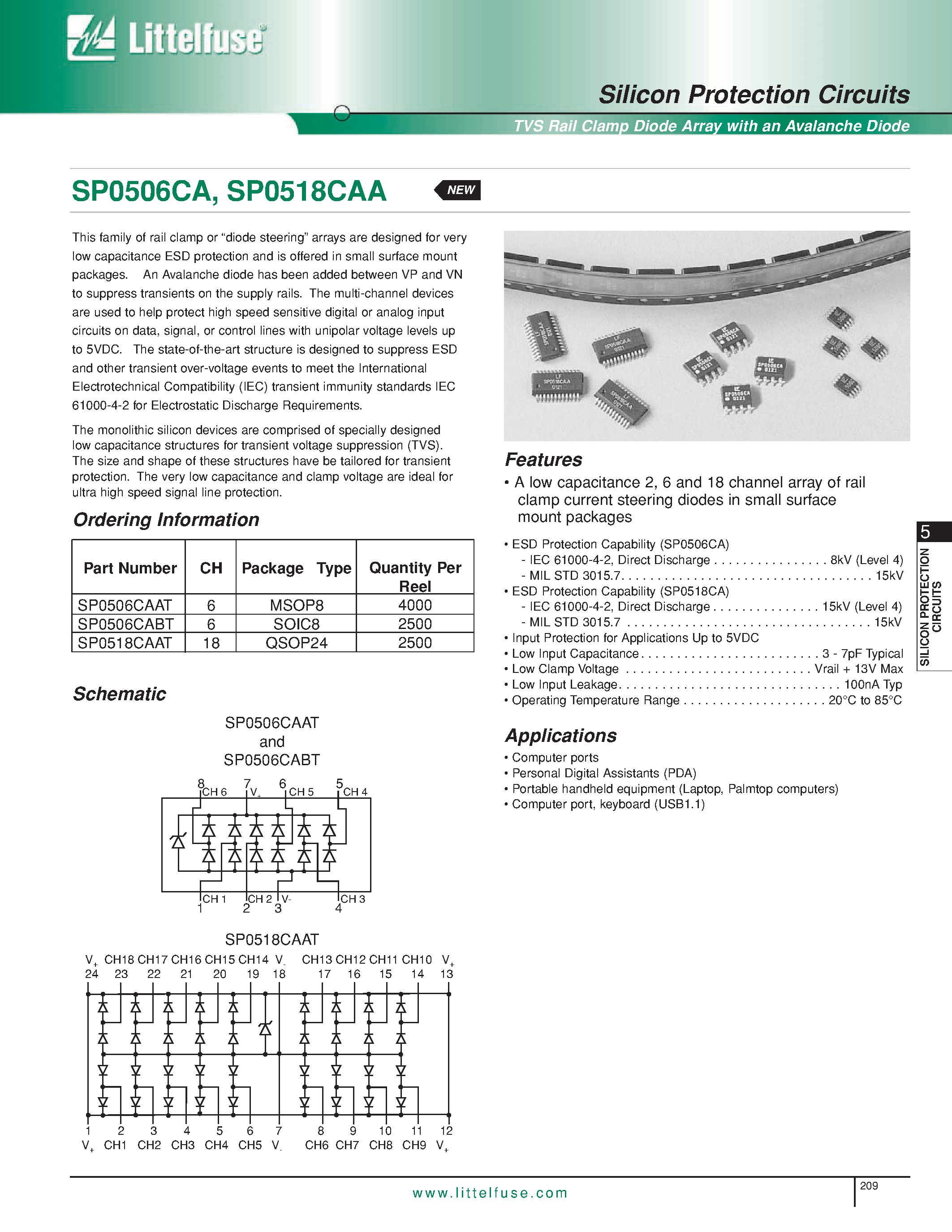 Datasheet SP0506CA - (SP0506CA / SP0518CAA) Silicon Protection Circuits - TVS Rail Clamp Diode Array with an Avalanche Diode page 1