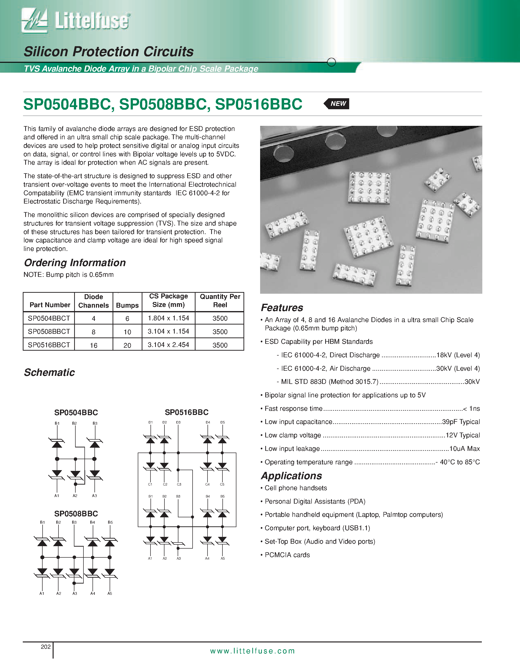 Datasheet SP0504BBC - (SP0504BBC / SP0508BBC / SP0516BBC) SP0504BBCT - TVS Avalanche Diode Array in a Bipolar Chip Scale Package page 1