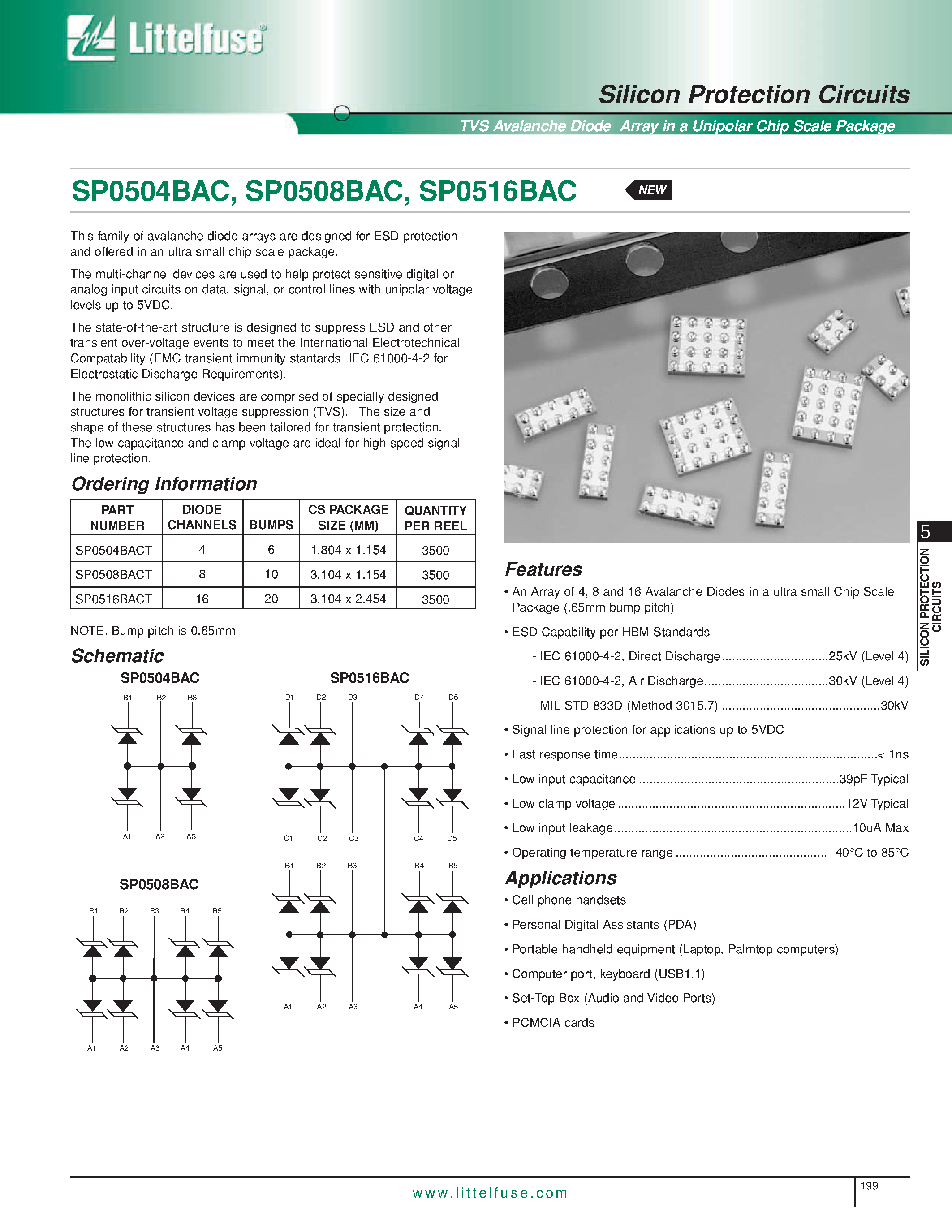 Datasheet SP0504BAC - (SP0504BAC / SP0508BAC / SP0516BAC) Silicon Protection Circuits - TVS Avalanche Diode Array in a Unipolar Chip Scale Package page 1