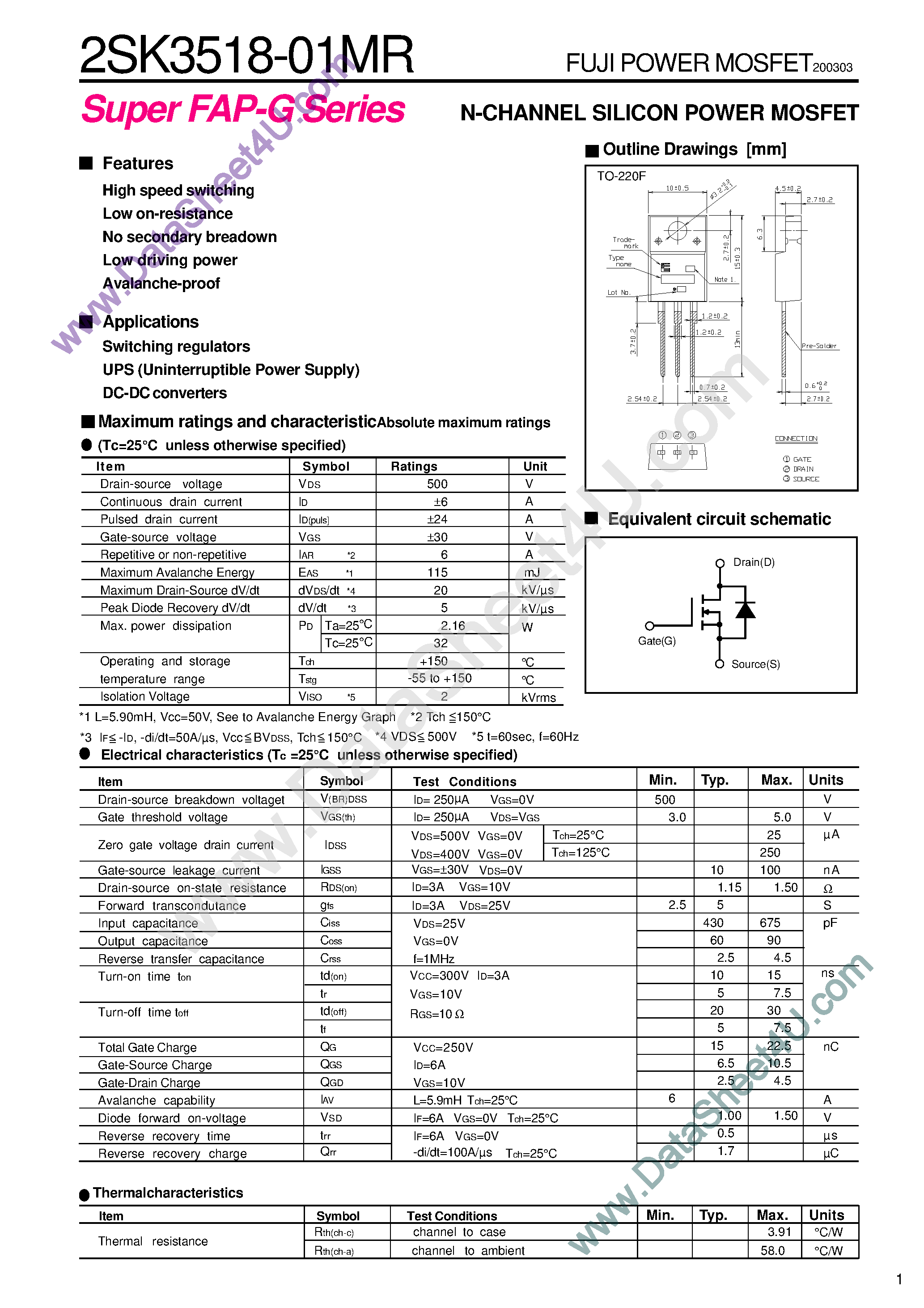 Datasheet 2SK3518-01MR - N-Channel Silicon Power MOSFET page 1
