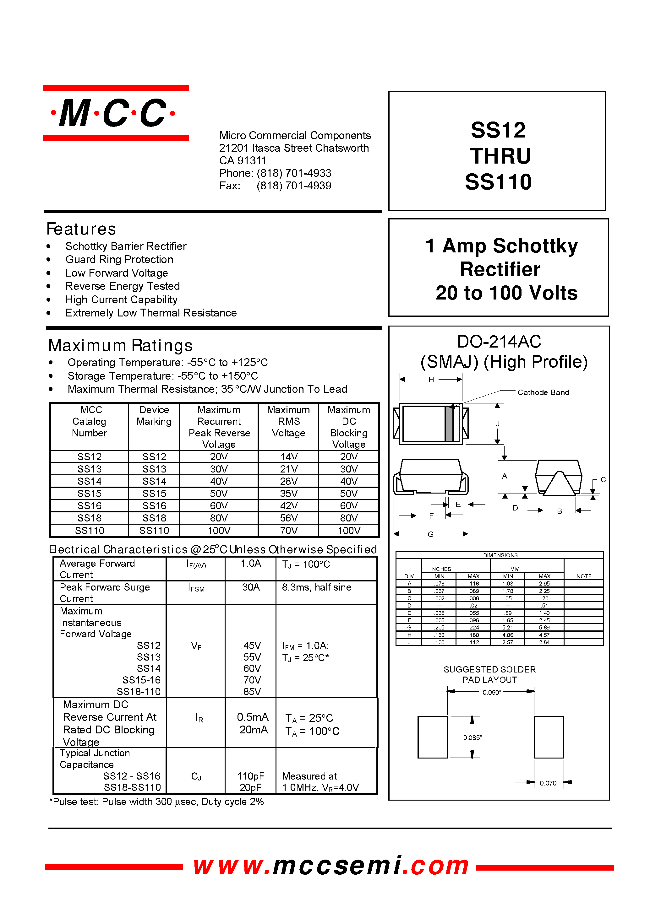 Datasheet SS12 - (SS12 - SS110) 1 Amp Schottky Rectifier 20 to 100 Volts page 1