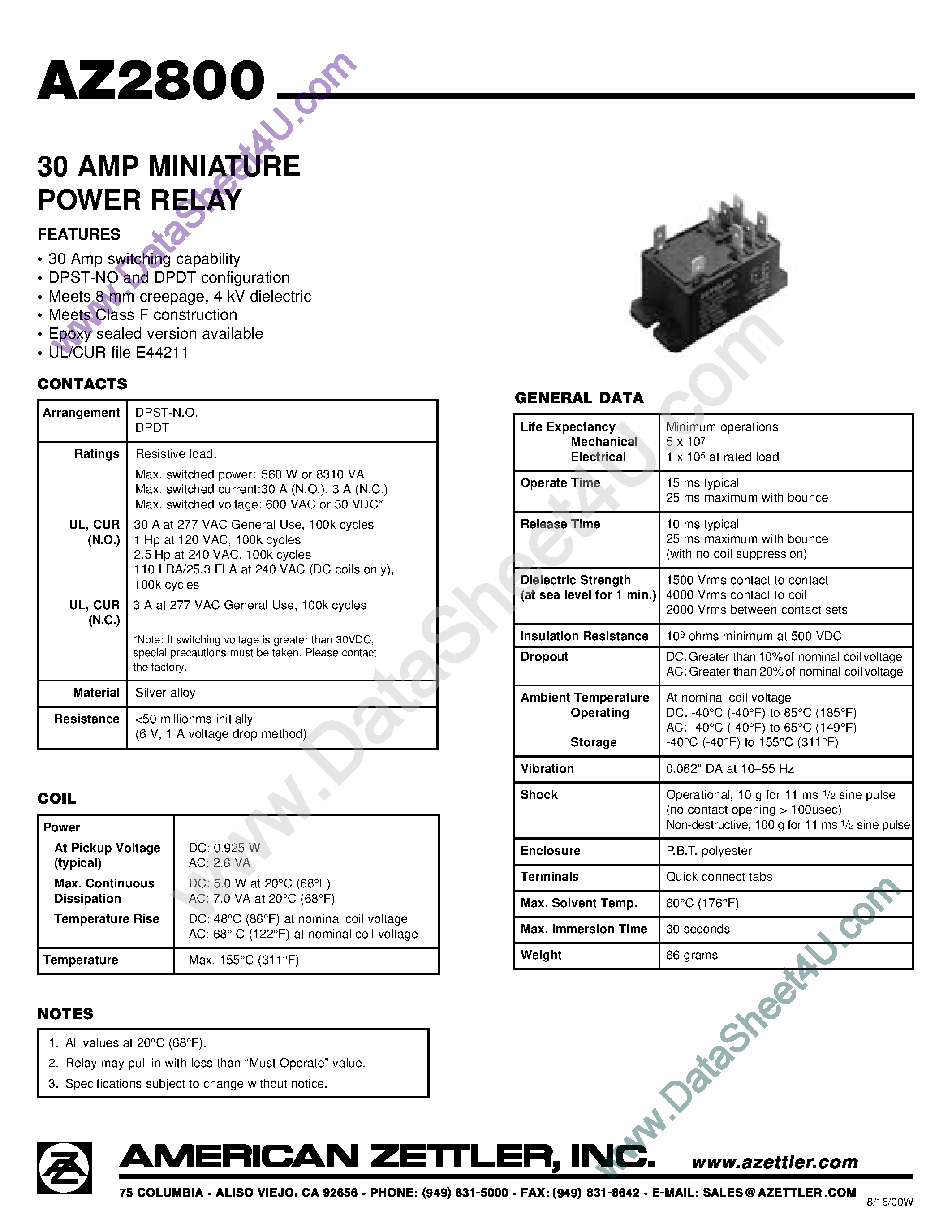 Даташит AZ2800 - 30 Amp Miniature Power Relay страница 1