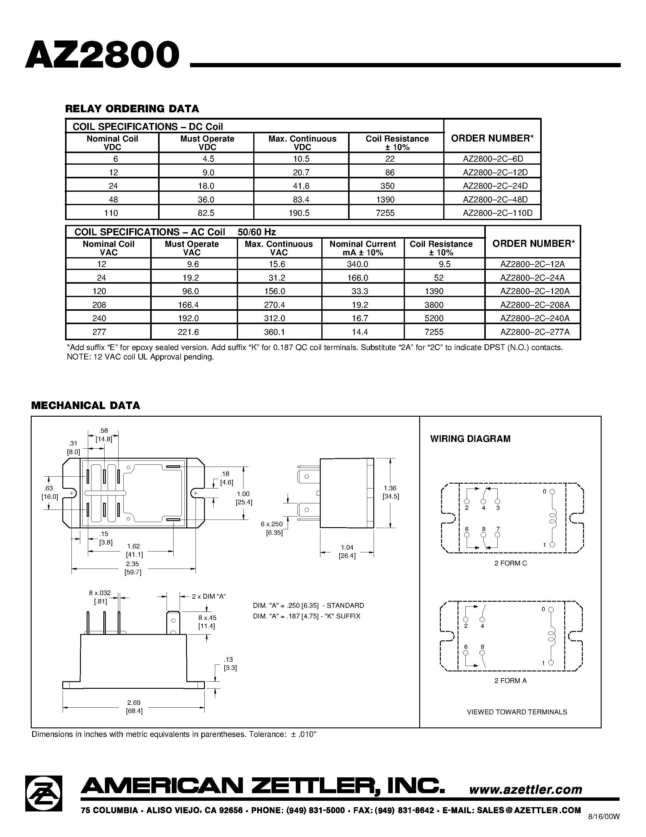 Даташит AZ2800 - 30 Amp Miniature Power Relay страница 2