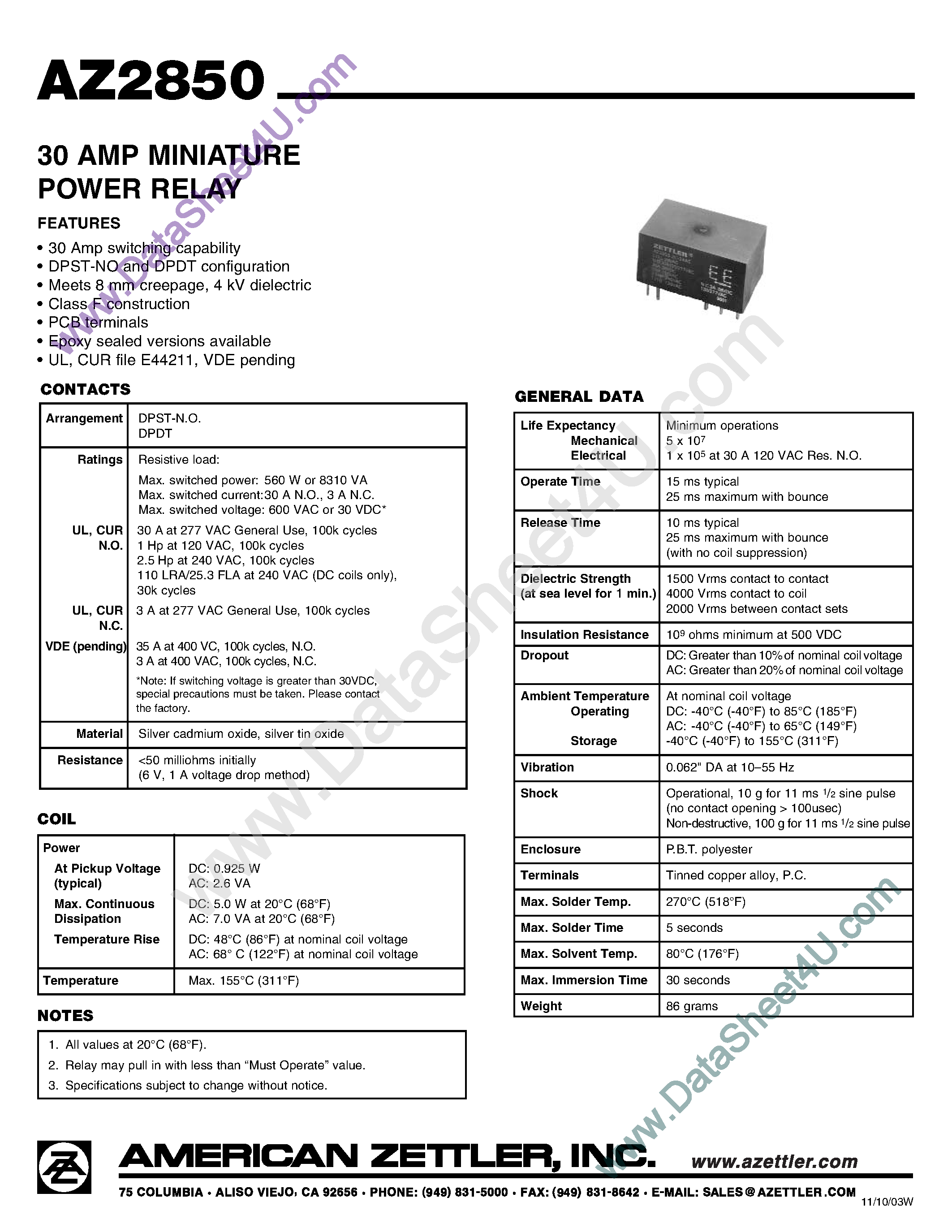 Даташит на микросхему AZ2850 страница 1 Даташит AZ2850 - 30 Amp Miniature Power Relay страница 1