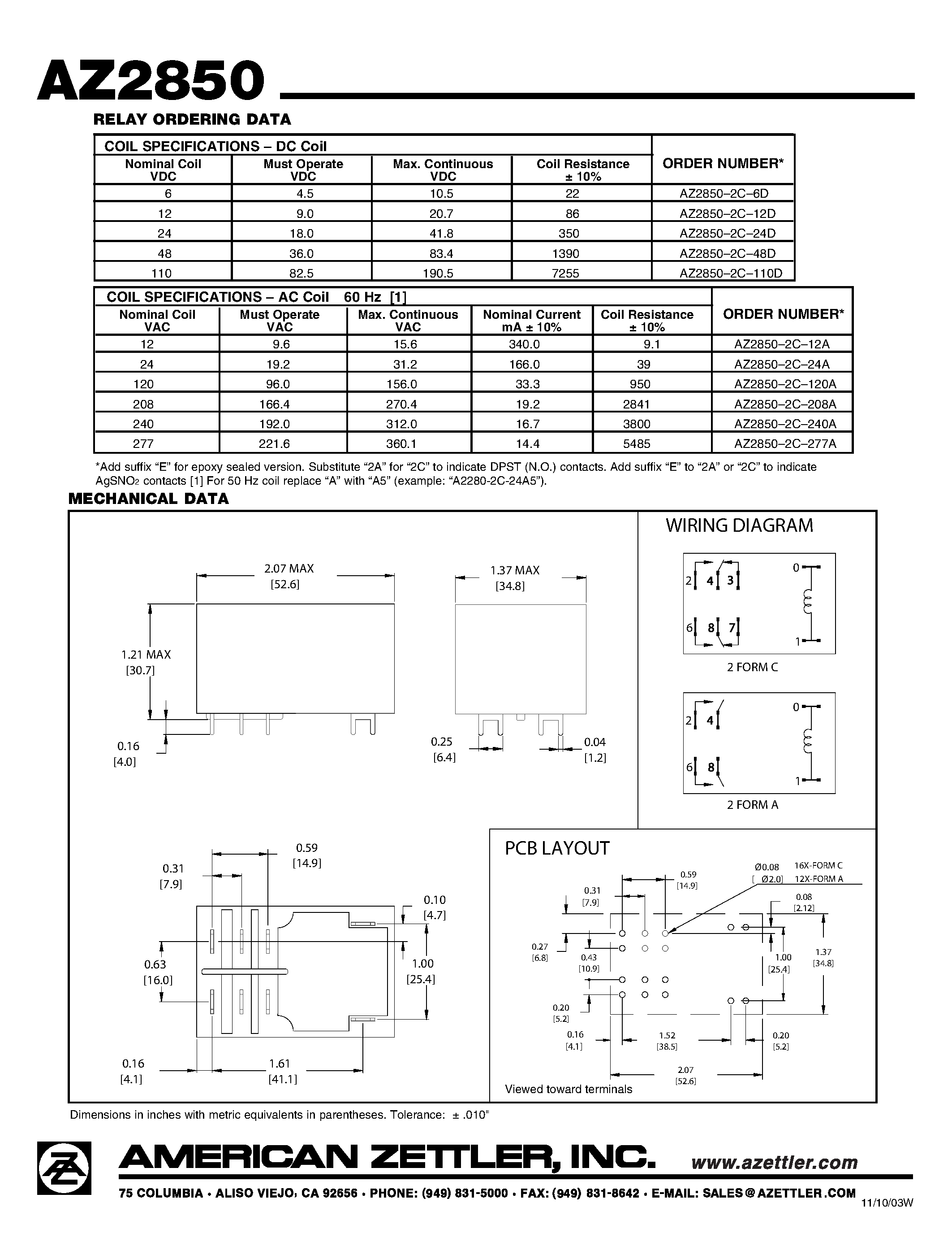 Даташит на микросхему AZ2850 страница 2 Даташит AZ2850 - 30 Amp Miniature Power Relay страница 2