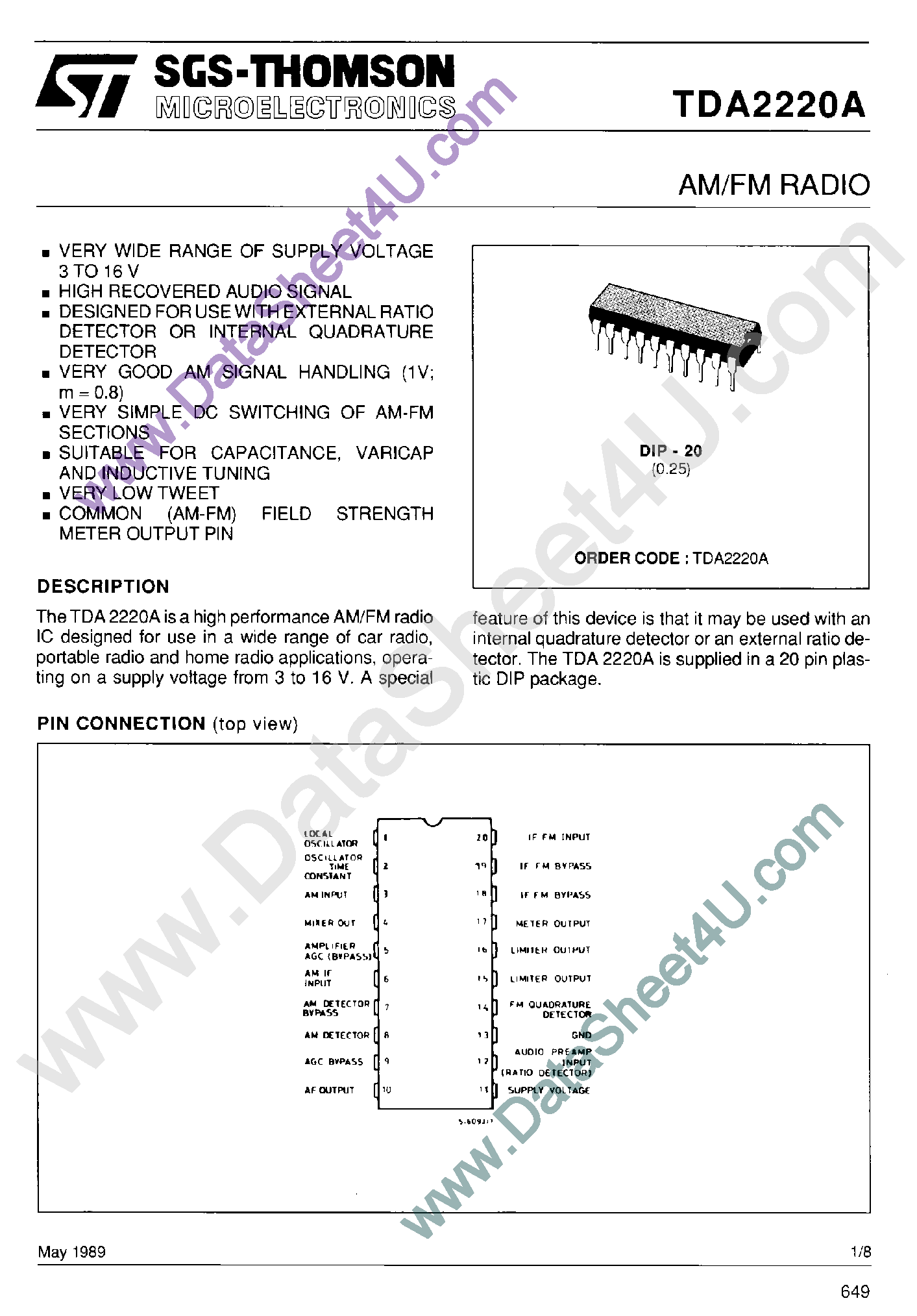 Datasheet TDA2220A page 1 Datasheet TDA2220A - AM / FM Radio page 1