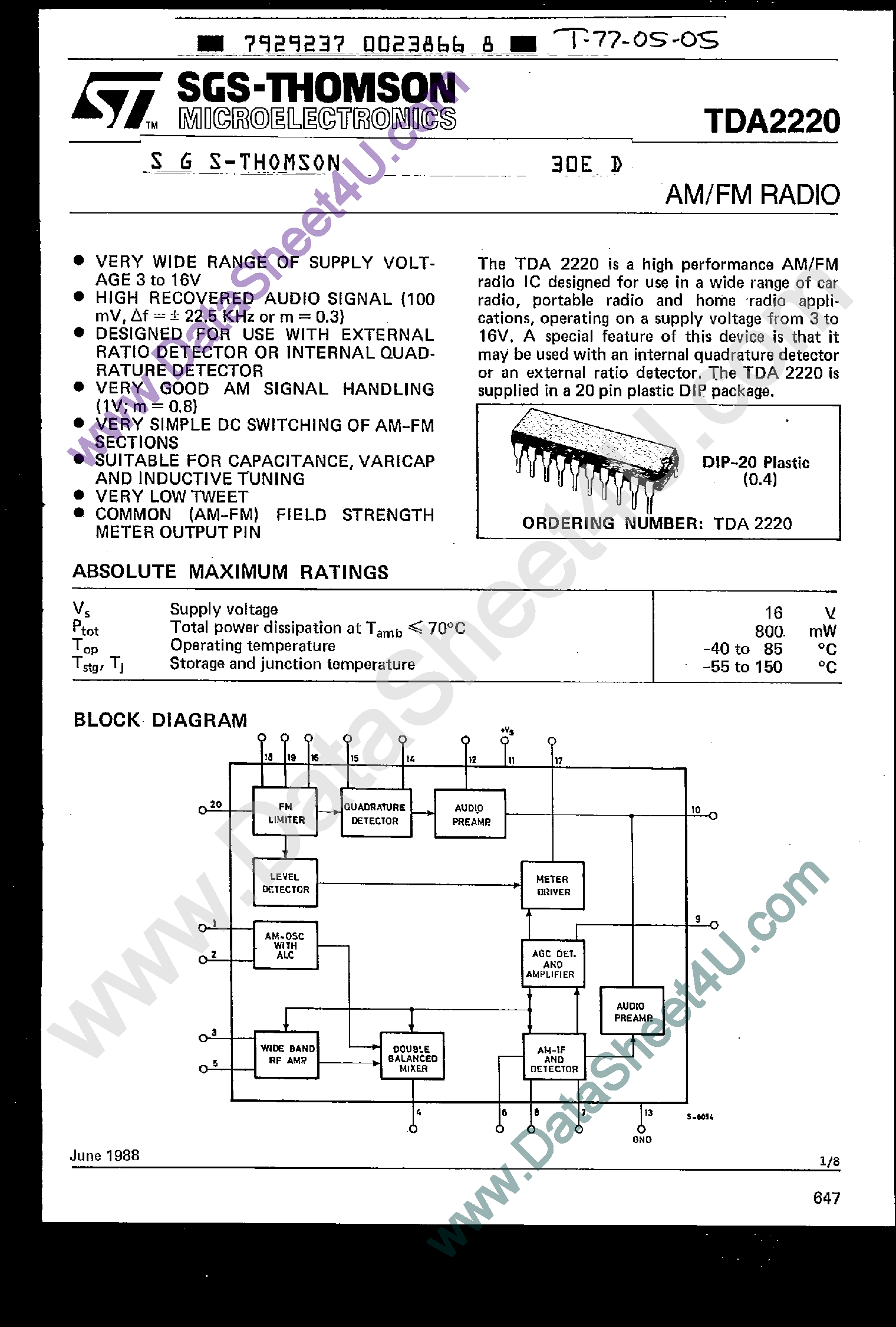 Datasheet TDA2220 - AM / FM Radio page 1