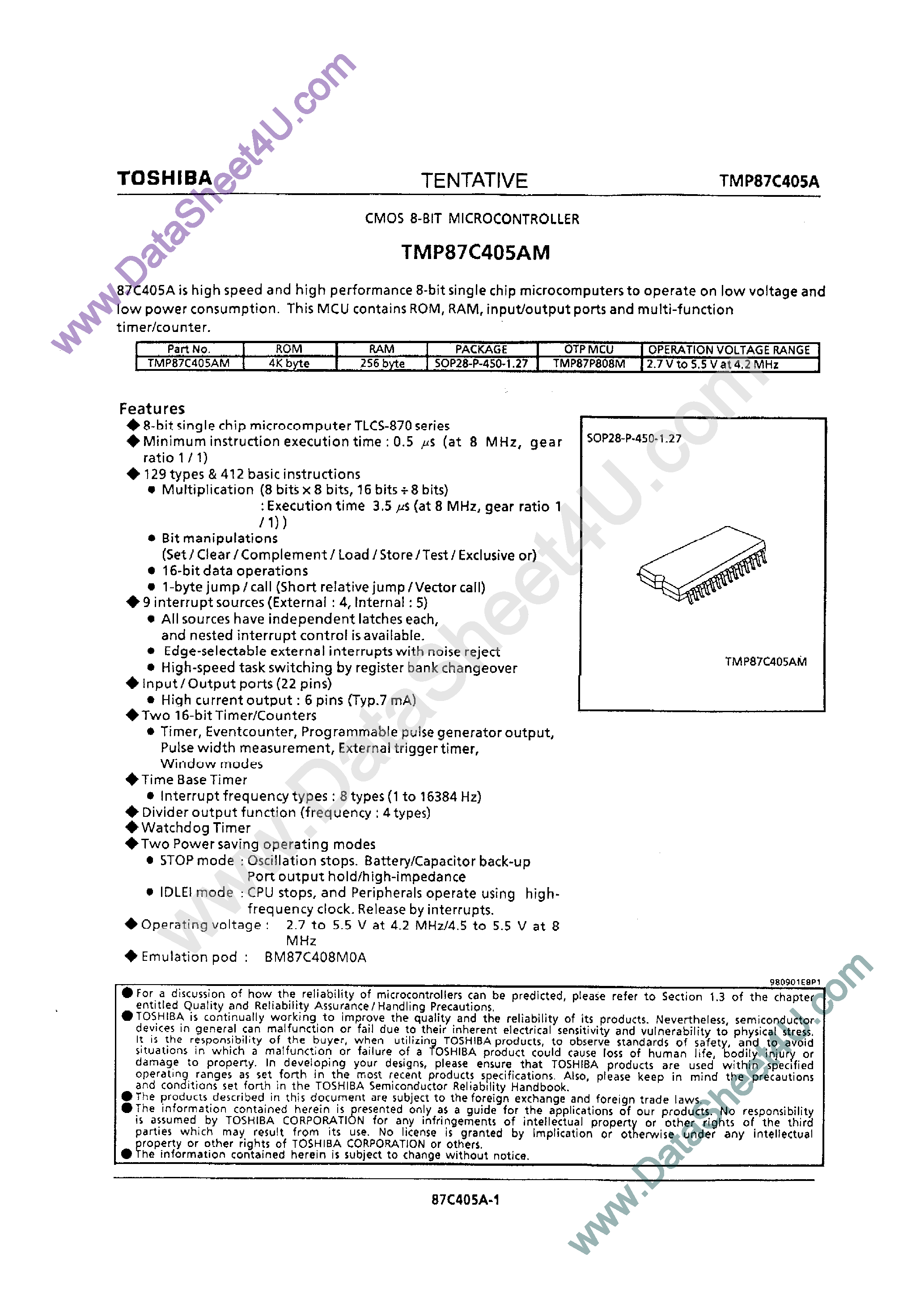 Datasheet TMP87C405A - CMOS 8-Bit Microcontroller page 1