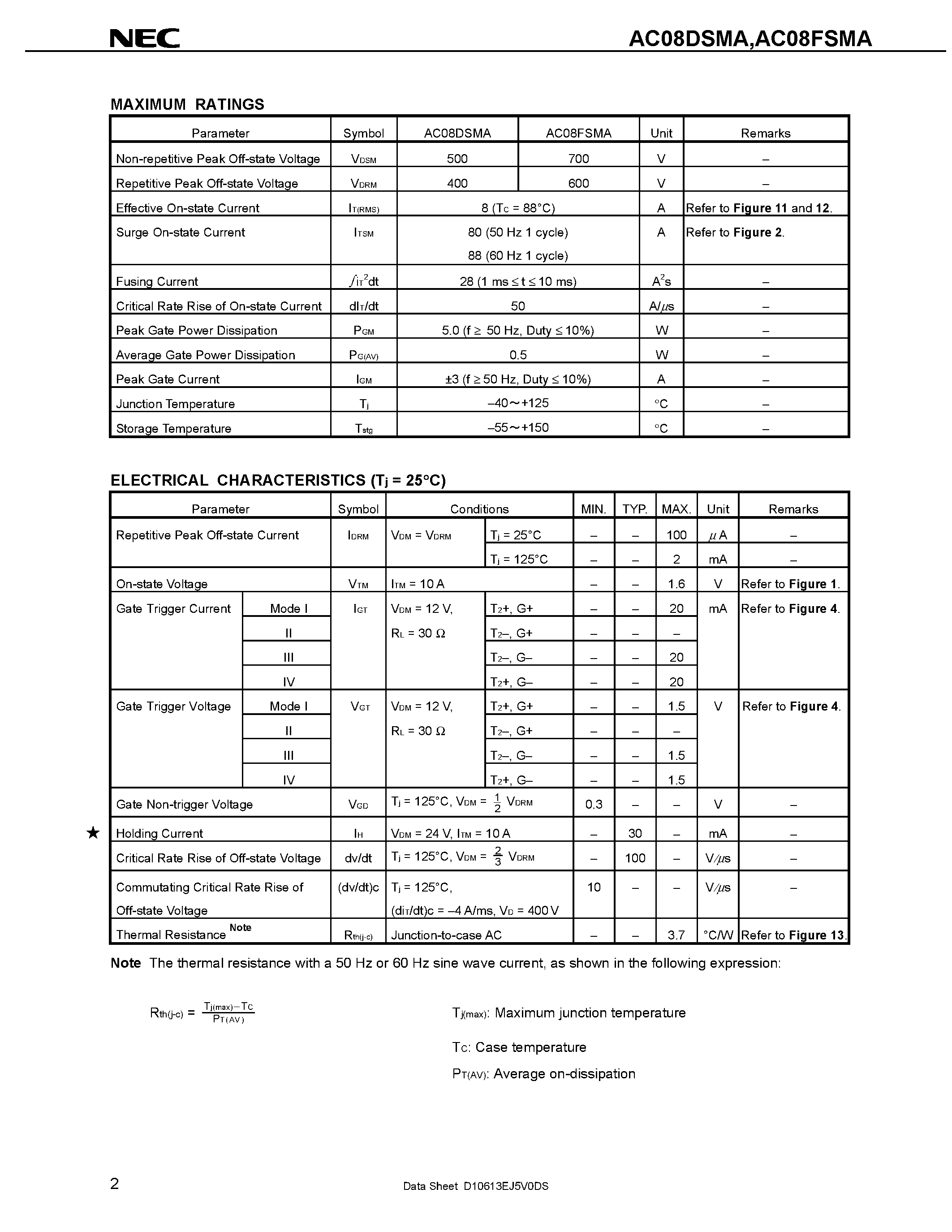 Datasheet AC08DSMA page 2 Datasheet AC08DSMA - (AC08DSMA / AC08FSMA) 8A RESIN INSULATION TYPE TRIAC page 2