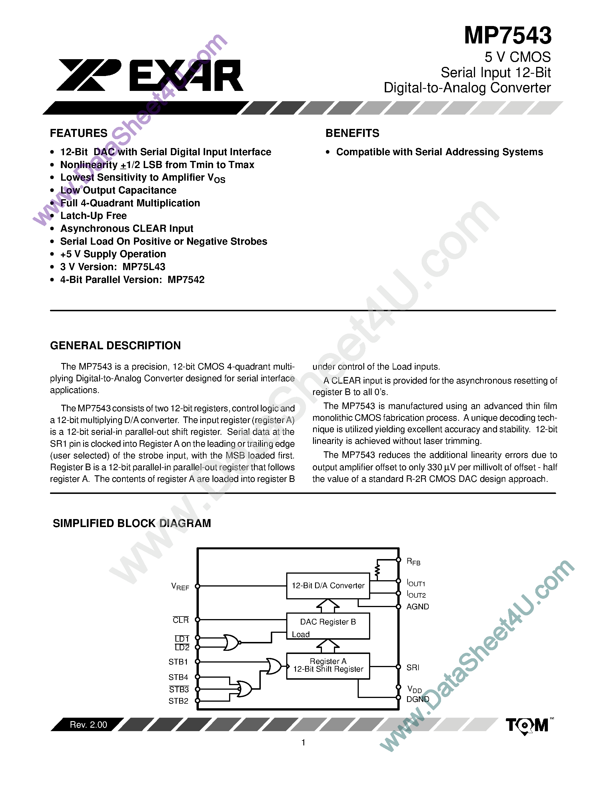 Datasheet MP7543 page 1 Datasheet MP7543 - 5 V CMOS Serial Input 12-Bit Digital-to-Analog Converter page 1
