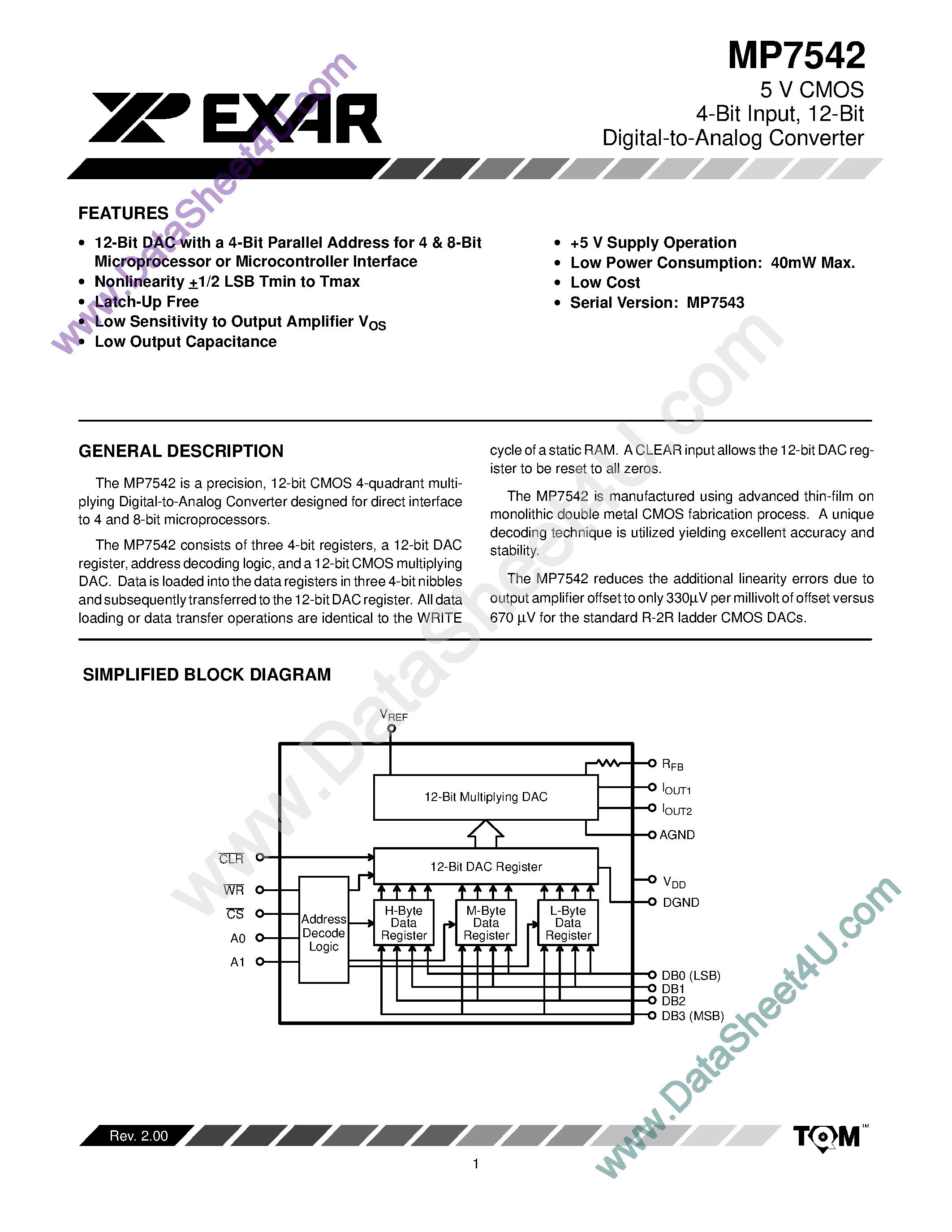 Datasheet MP7542 - 5 V CMOS 4-Bit Input 12-Bit Digital-to-Analog Converter page 1