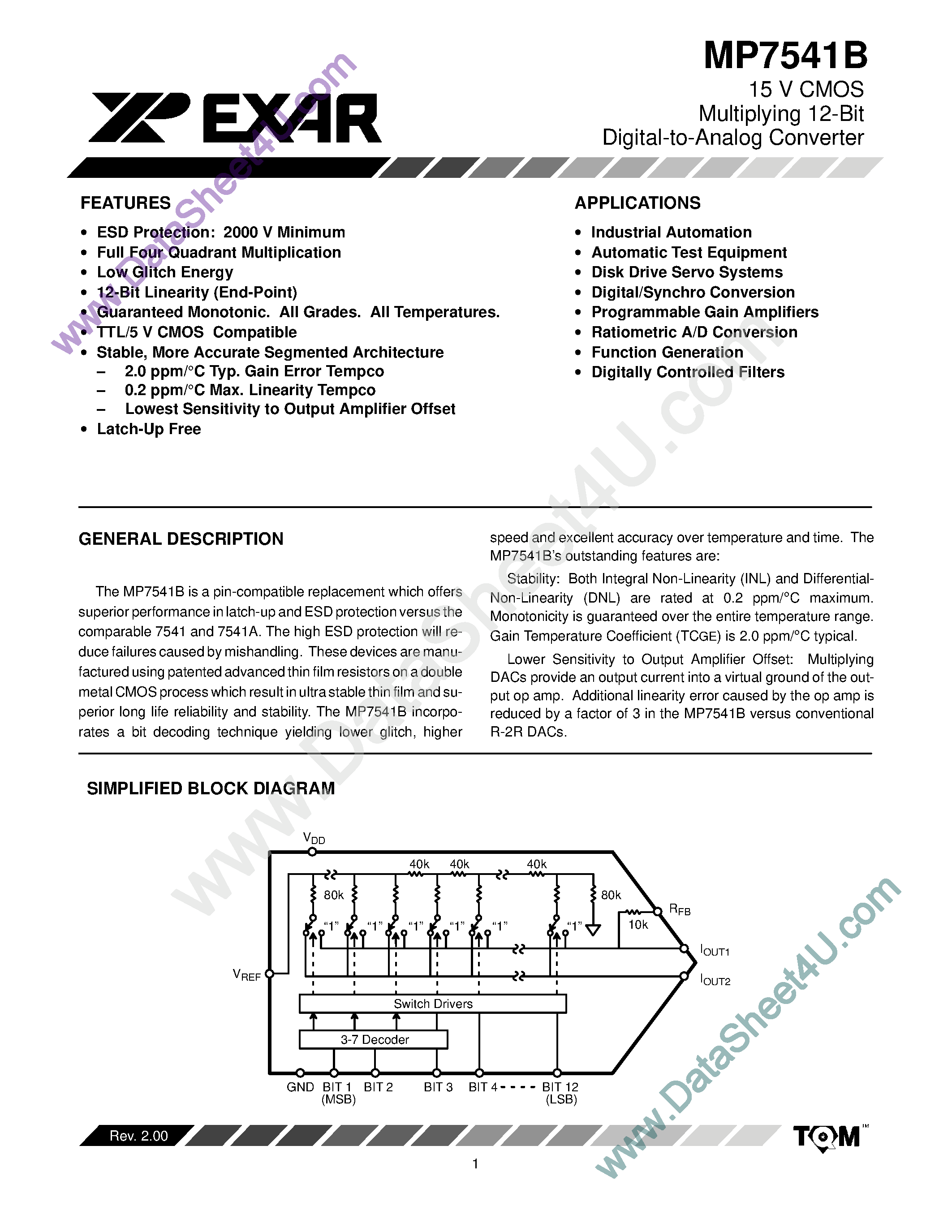 Datasheet MP7541B - 15 V CMOS Multiplying 12-Bit Digital-to-Analog Converter page 1