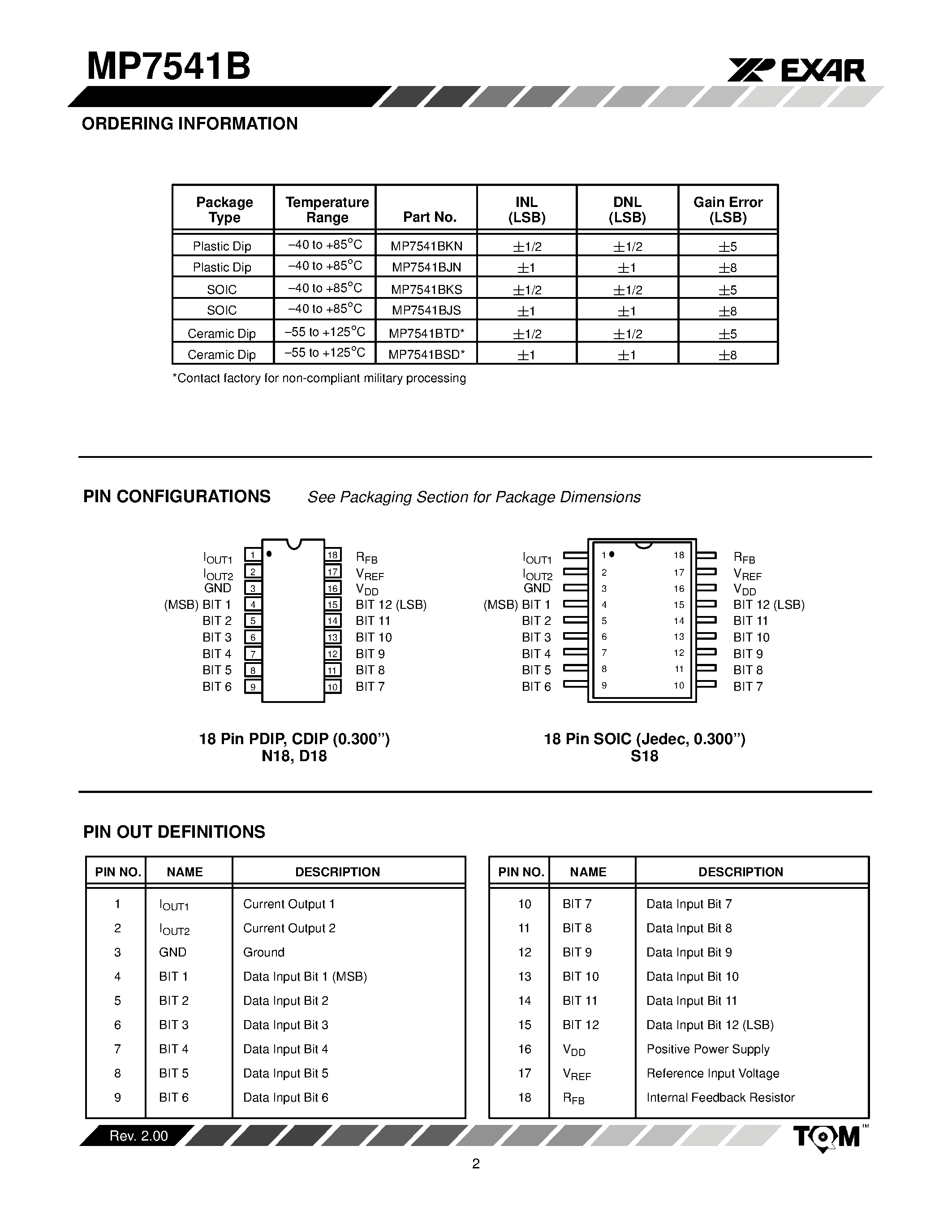 Datasheet MP7541B - 15 V CMOS Multiplying 12-Bit Digital-to-Analog Converter page 2