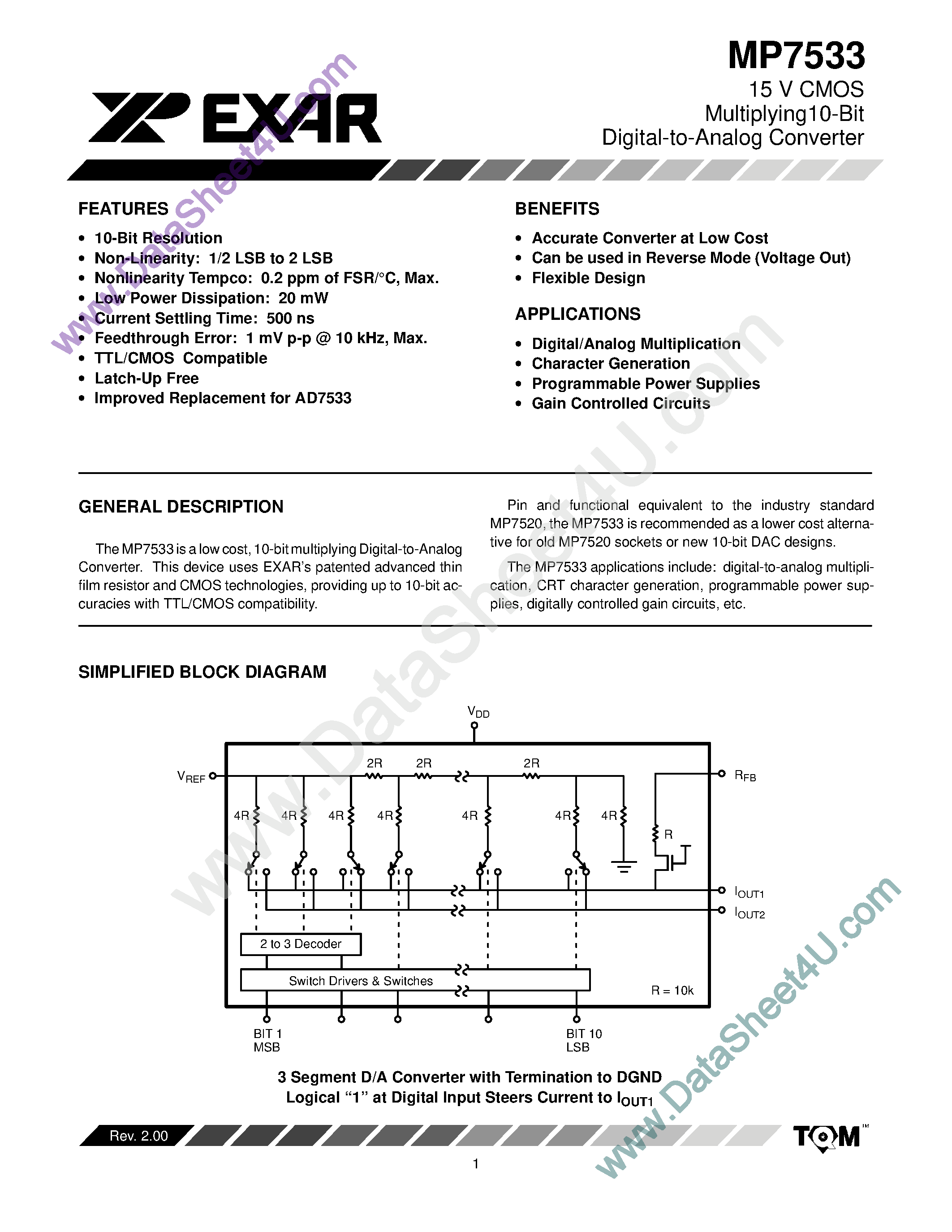 Даташит MP7533 - 15 V CMOS Multiplying10-Bit Digital-to-Analog Converter страница 1