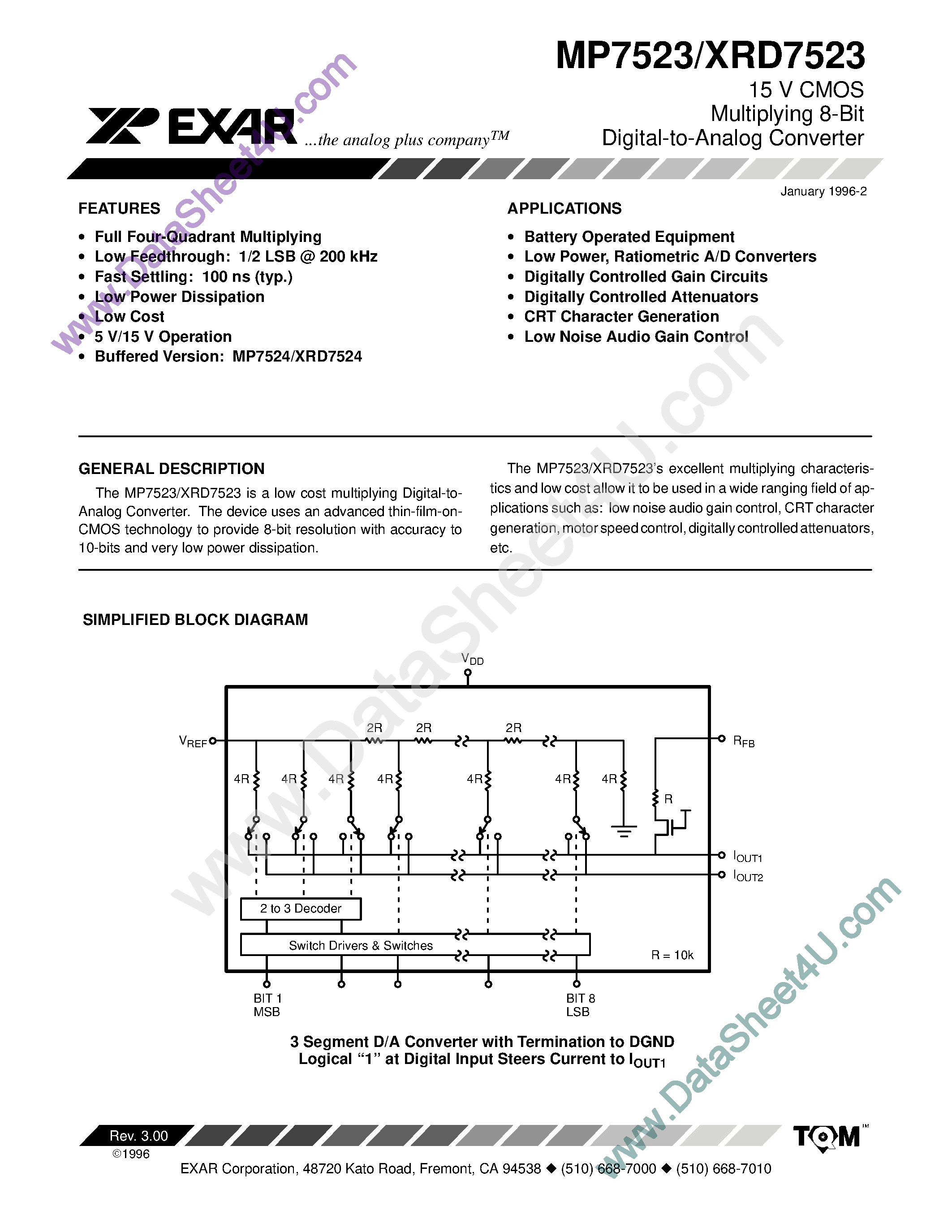 Datasheet MP7523 page 1 Datasheet MP7523 - 15 V CMOS Multiplying 8-Bit Digital-to-Analog Converter page 1