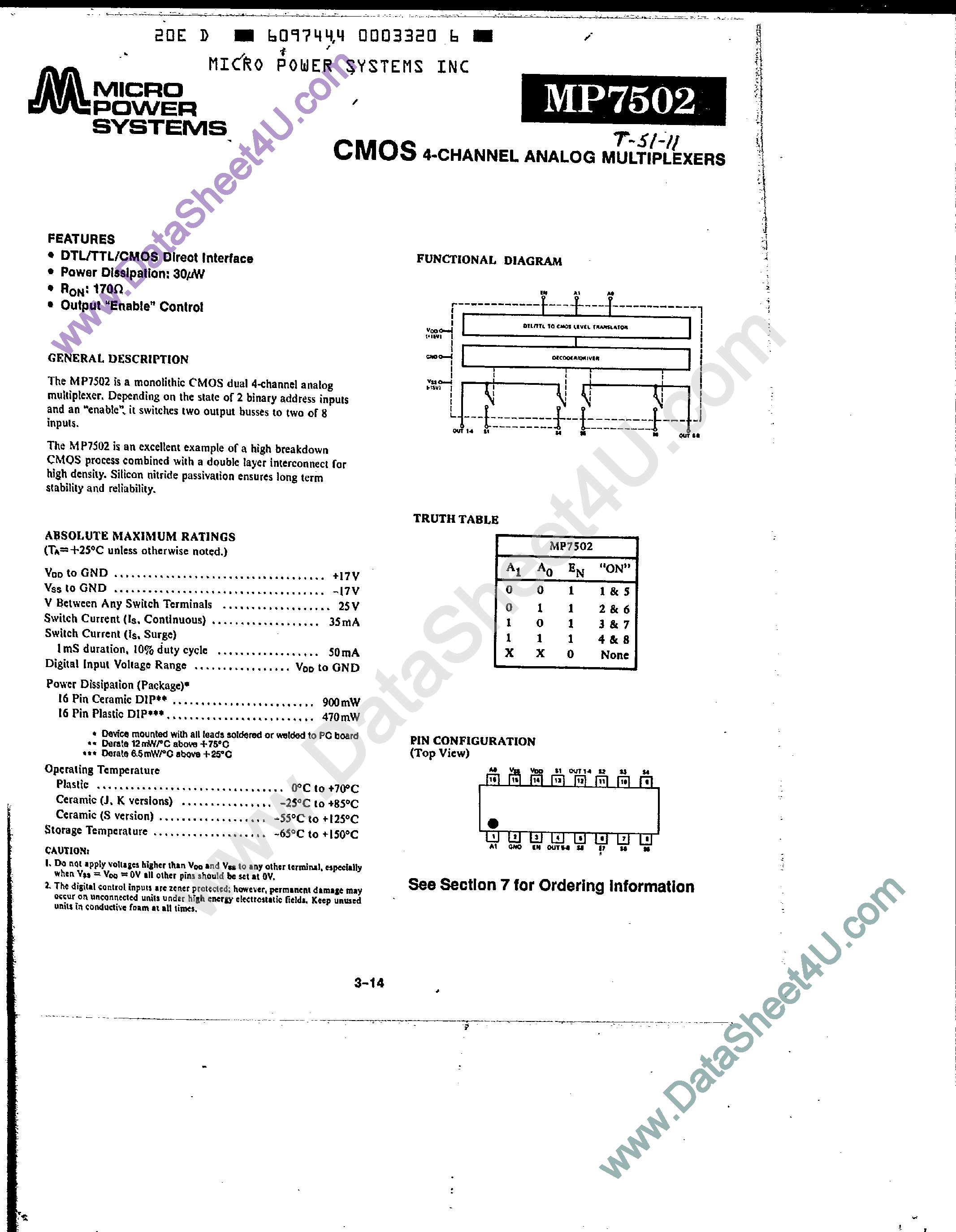 Datasheet MP7502 page 1 Datasheet MP7502 - CMOS 4-Channel Analog Multiplexers page 1