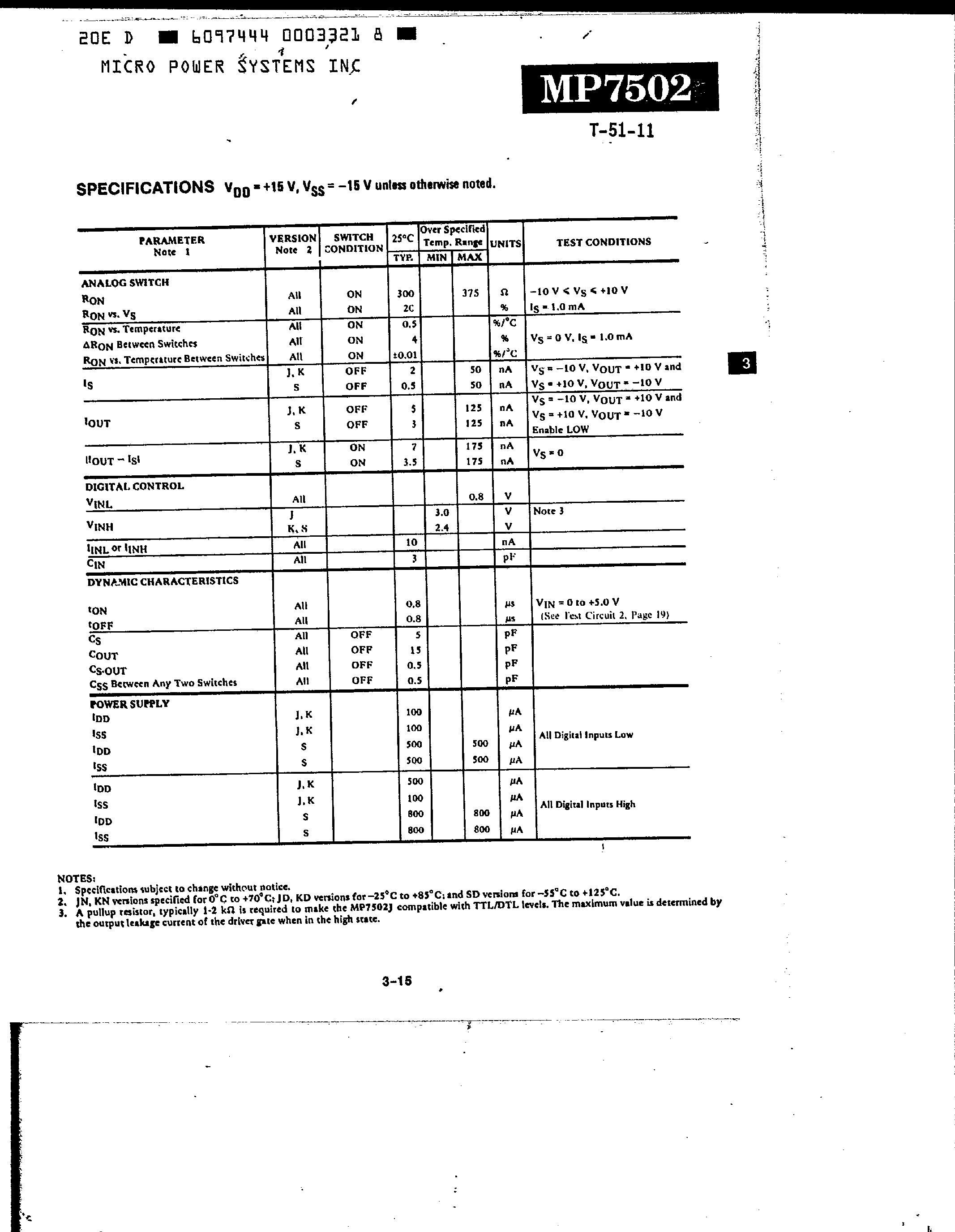 Datasheet MP7502 page 2 Datasheet MP7502 - CMOS 4-Channel Analog Multiplexers page 2