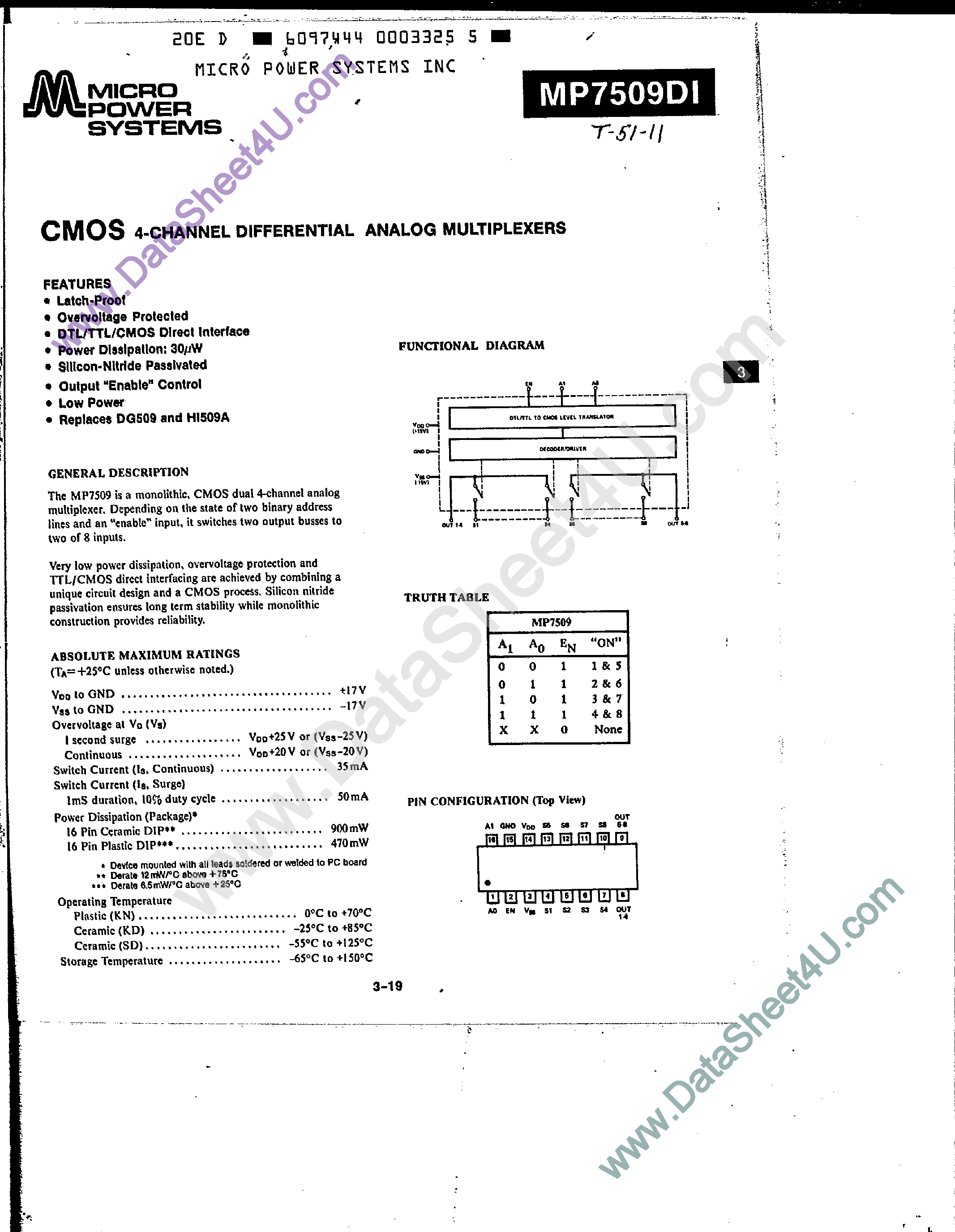 Datasheet MP7509DI page 1 Datasheet MP7509DI - CMOS 4-Channel Differential Analog Multiplexers page 1