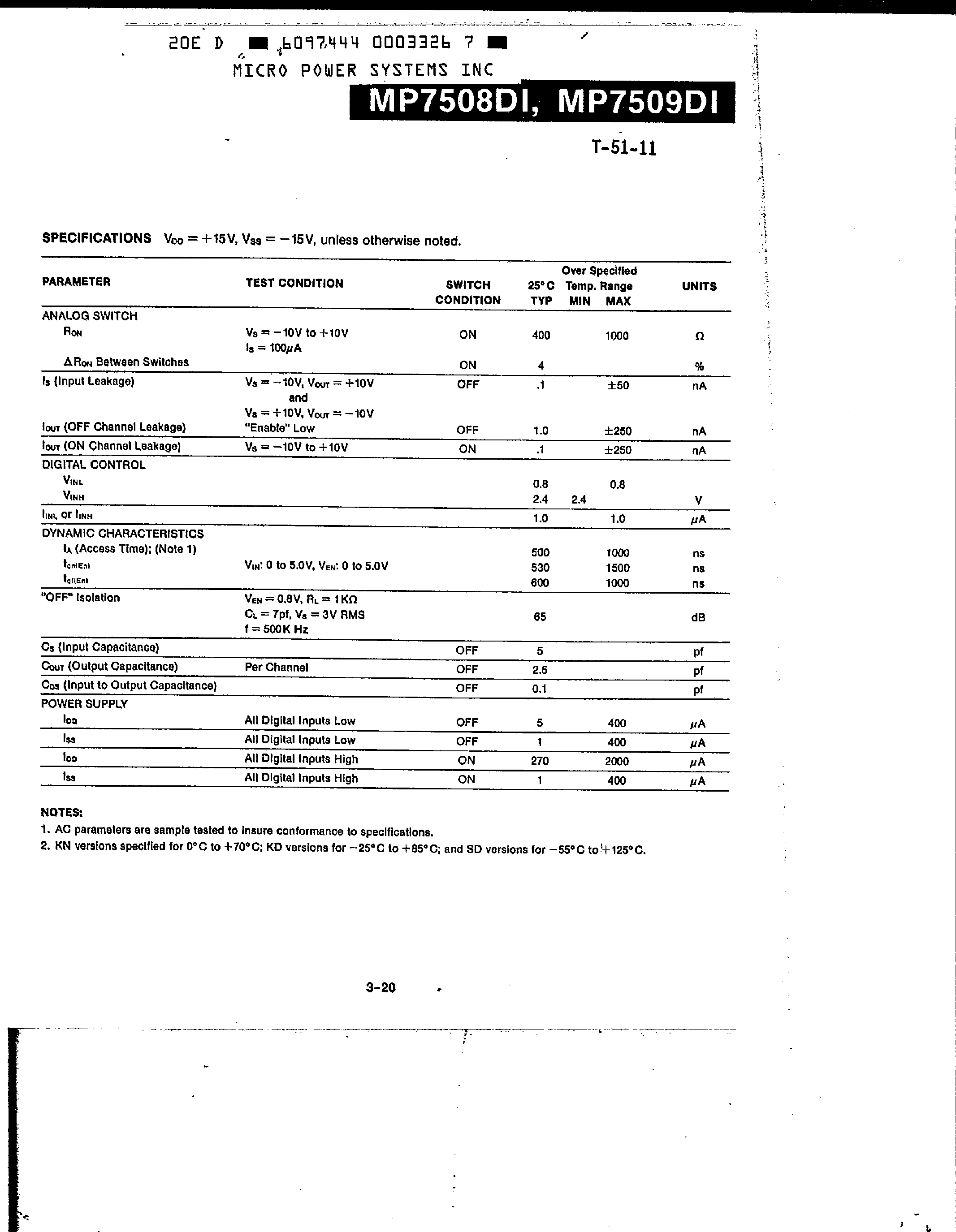 Datasheet MP7509DI page 2 Datasheet MP7509DI - CMOS 4-Channel Differential Analog Multiplexers page 2