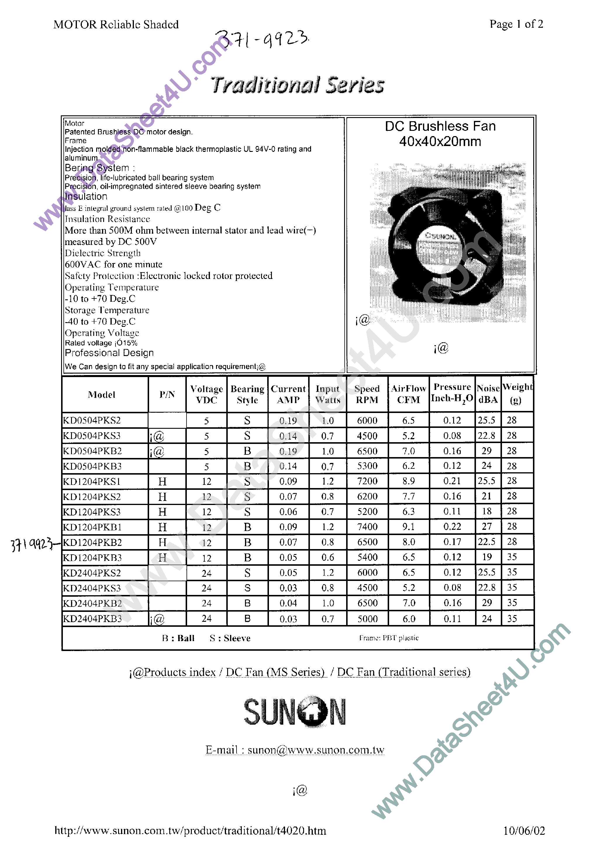 Datasheet KDE1204PKB1 page 1 Datasheet KDE1204PKB1 - DC FAN ULTR SLIM 12V page 1