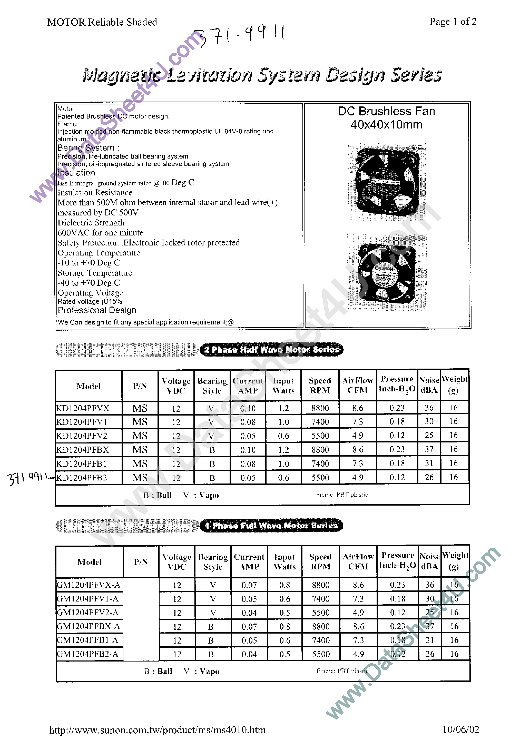 Datasheet KDE1204PFB1 page 1 Datasheet KDE1204PFB1 - DC FAN ULTR SLIM 12V page 1