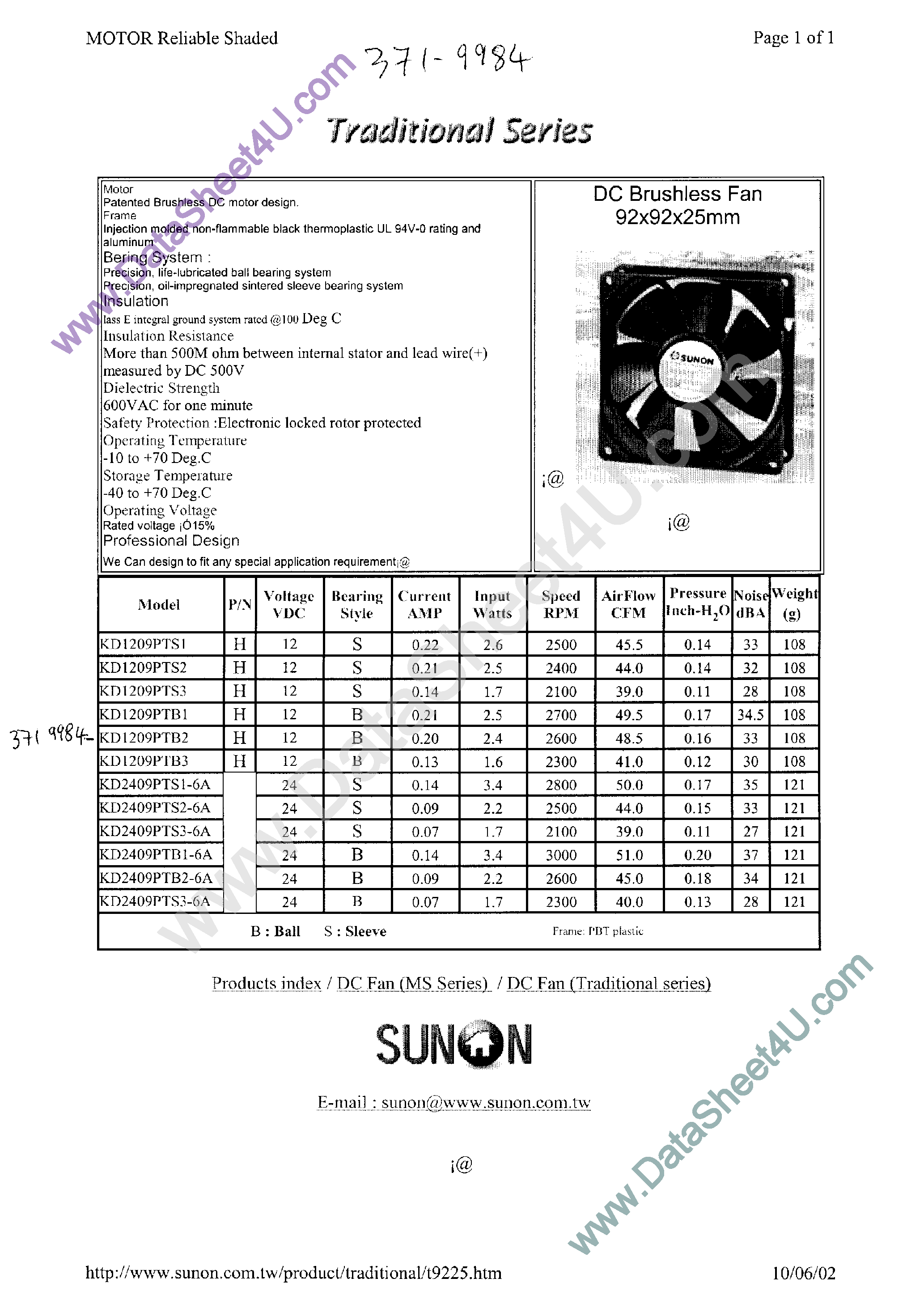 Datasheet KDE1209PTxx - DC FAN ULTR SLIM 12V page 1