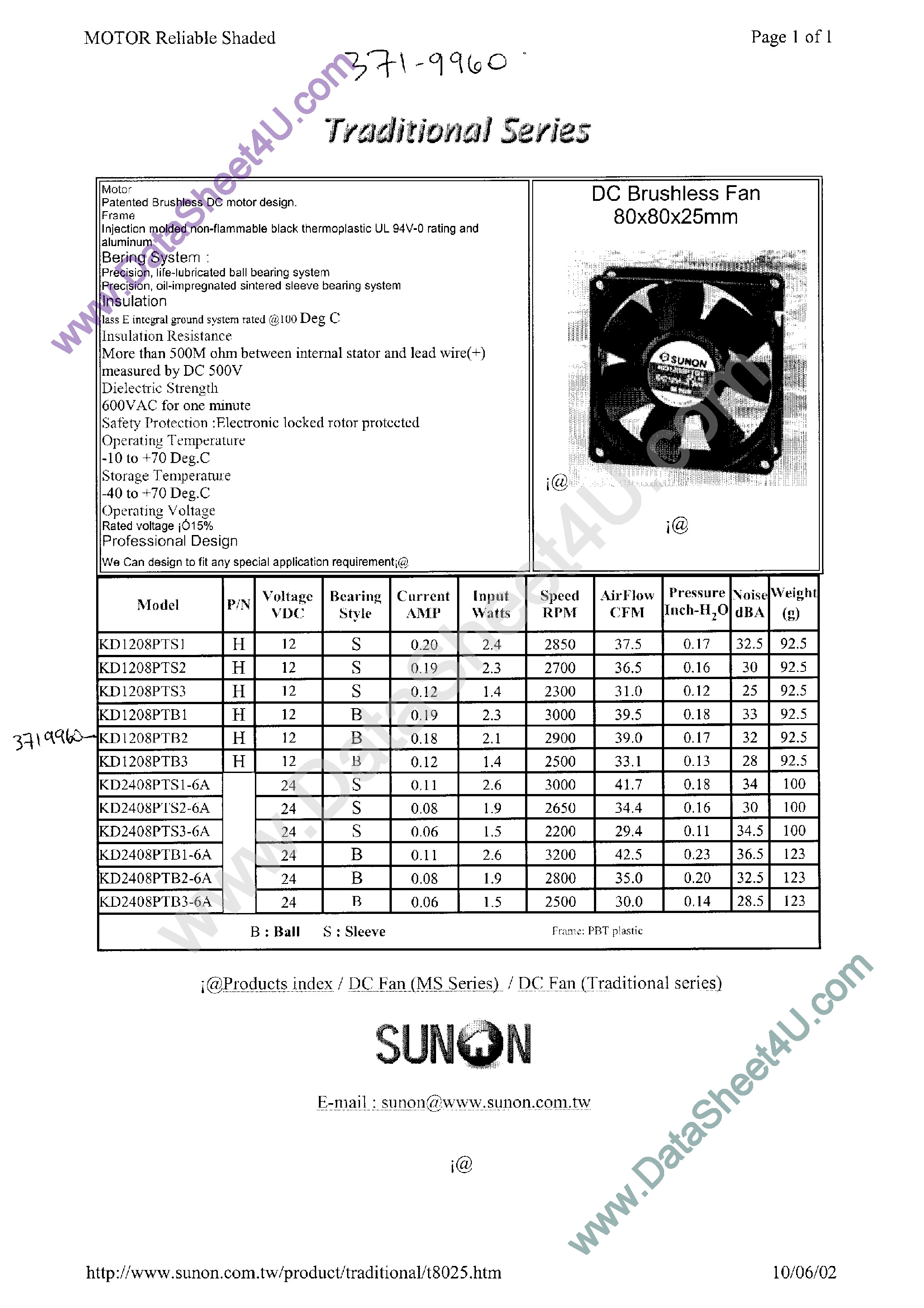 Datasheet KDE1208PTxx - DC FAN ULTR SLIM 12V page 1