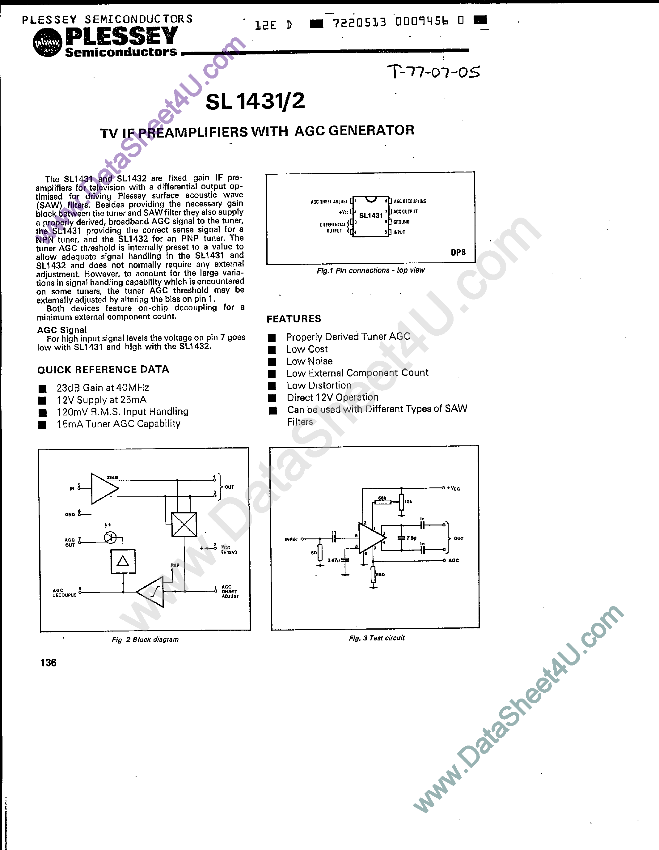 Даташит на микросхему SL1431 страница 1 Даташит SL1431 - (SL1431 / SL1432) TV IF Preamplifiers страница 1