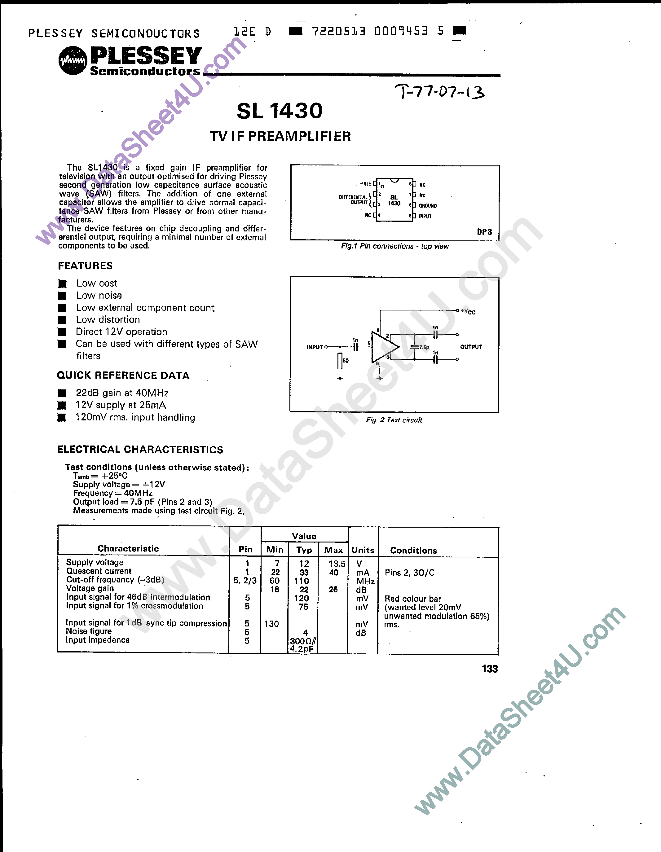 Datasheet SL1430 page 1 Datasheet SL1430 - TV IF Preamplifier page 1