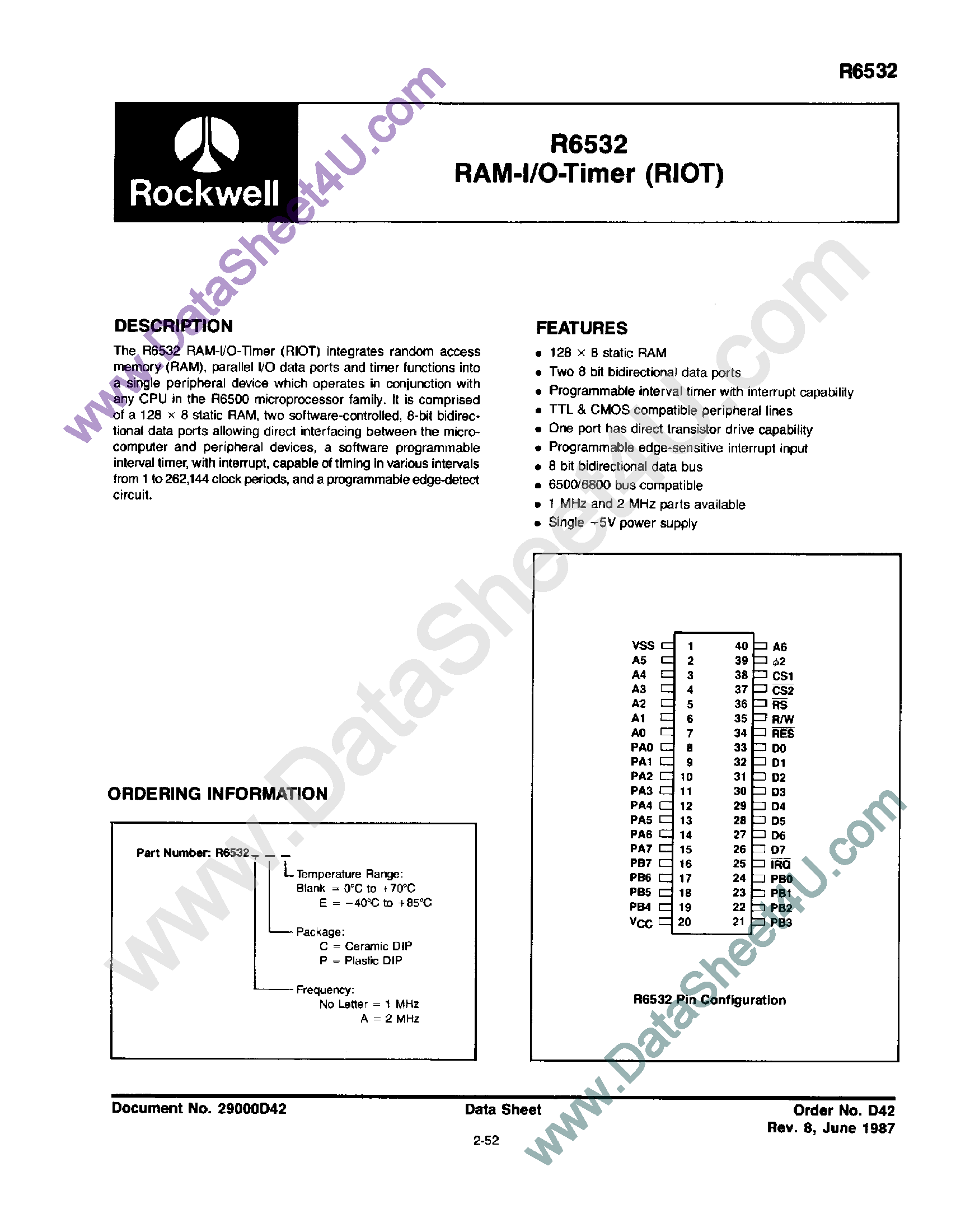 Datasheet R6532 - RAm I/O Timer page 1