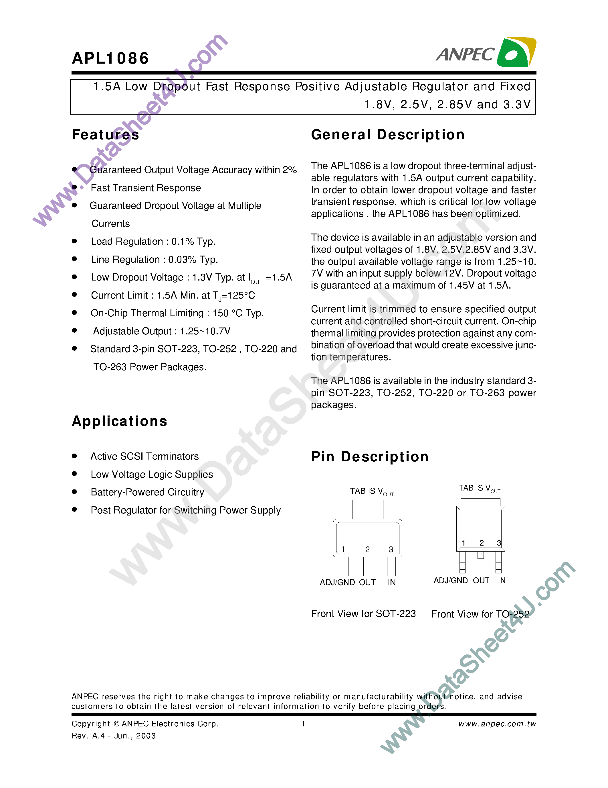 Даташит на микросхему APL1086 страница 1 Даташит APL1086 - 1.5A Low Dropout Fast Response Positive Adjustable Regulator and Fixed страница 1
