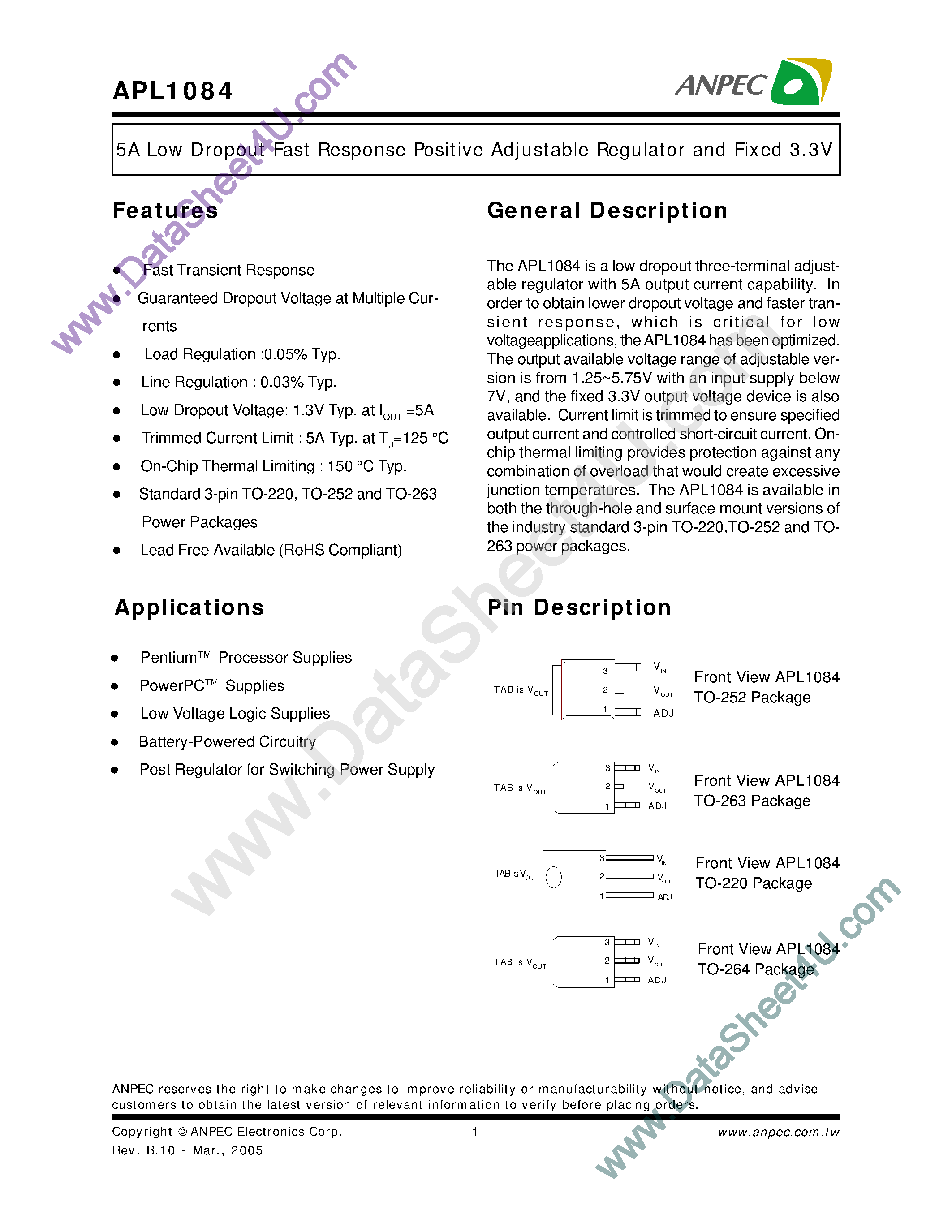 Даташит на микросхему APL1084 страница 1 Даташит APL1084 - 5A Low Dropout Fast Response Positive Adjustable Regulator and Fixed 3.3V страница 1
