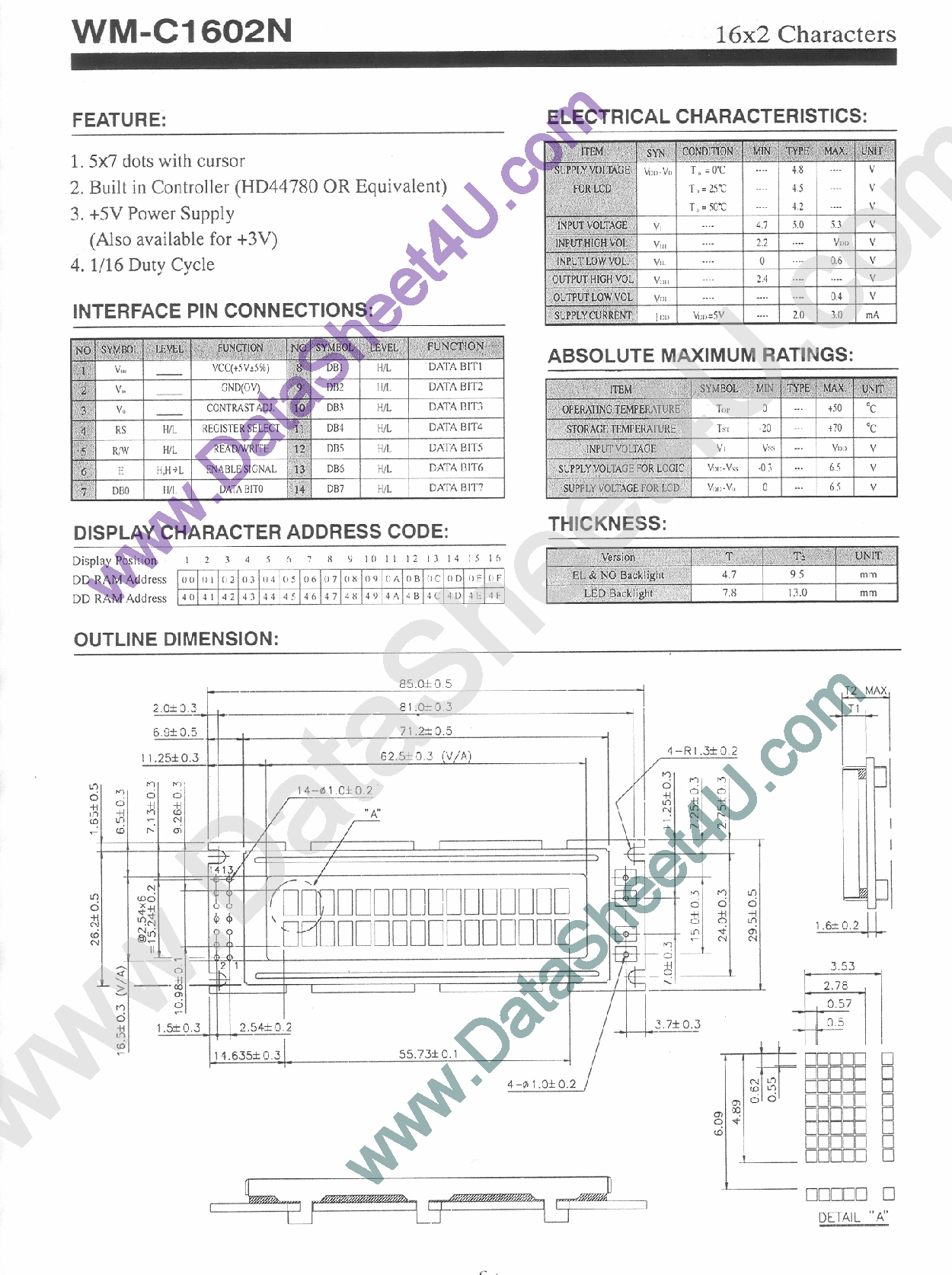 Datasheet WMC1602N page 1 Datasheet WMC1602N - 16 x 2 Characters page 1