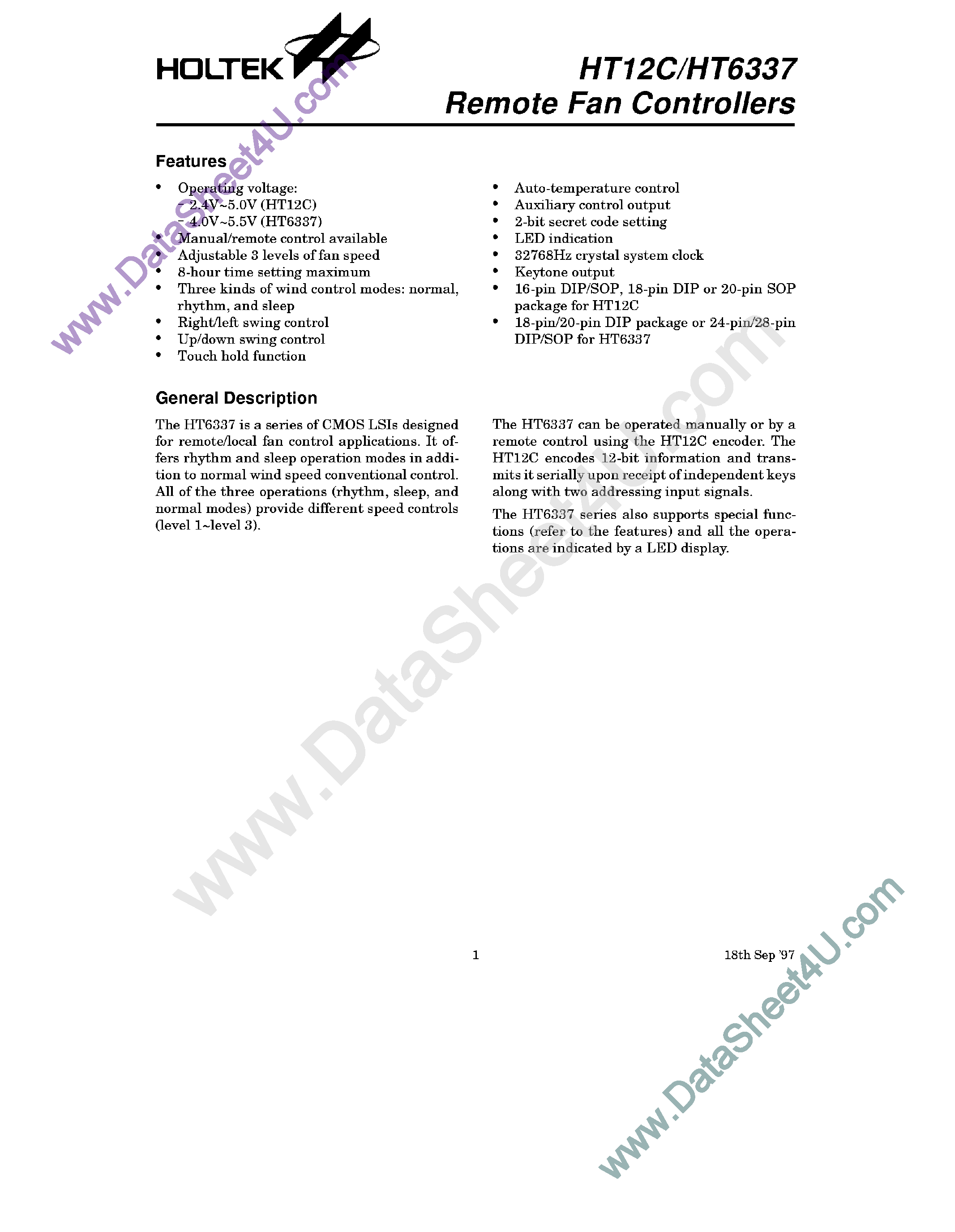 Datasheet HT6337 page 1 Datasheet HT6337 - Remote Fan Controller page 1