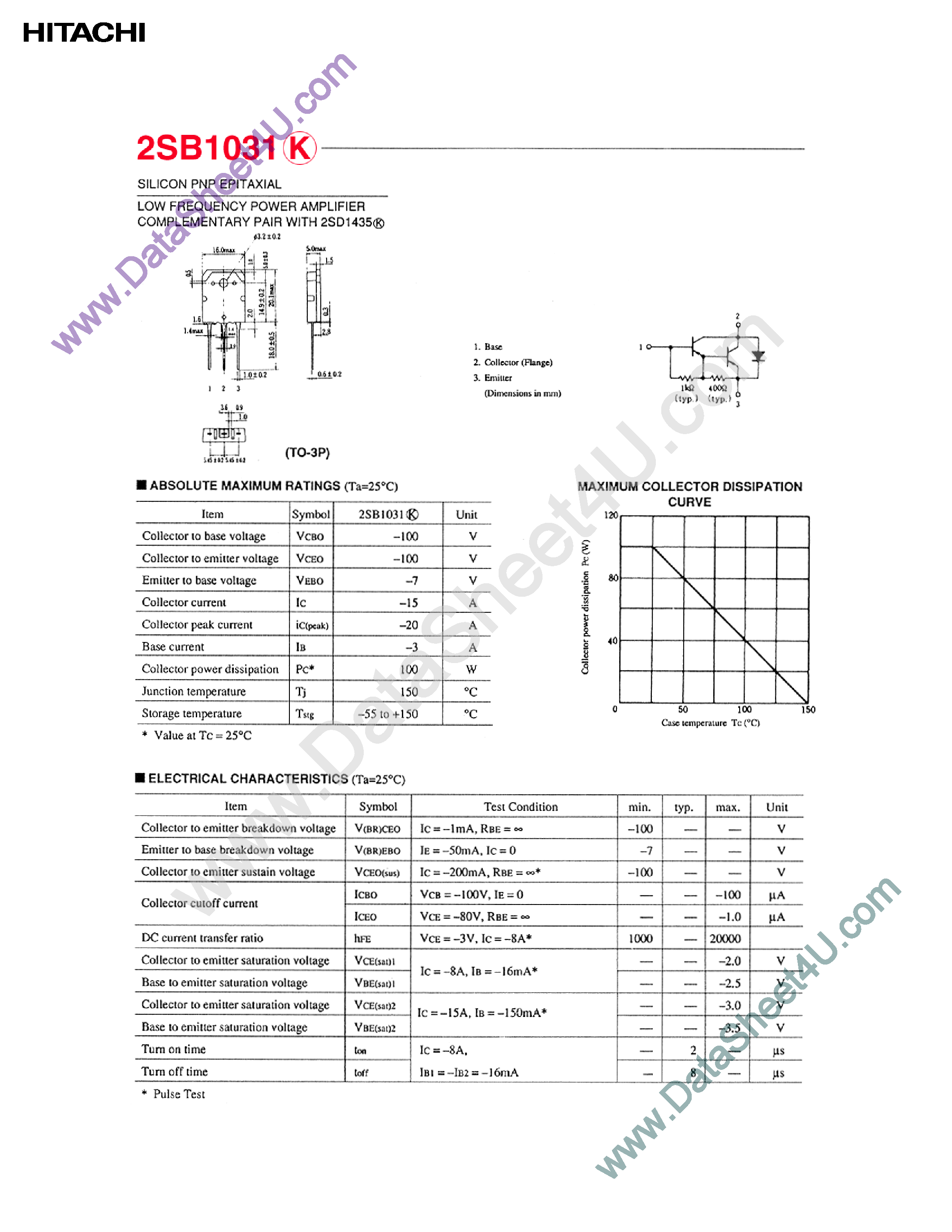 Datasheet 2SB1031 page 1 Datasheet 2SB1031 - LOW FREQUENCY POWER AMPLIFIER COMPLEMENTARY PAIR WITH 2SD1435K page 1