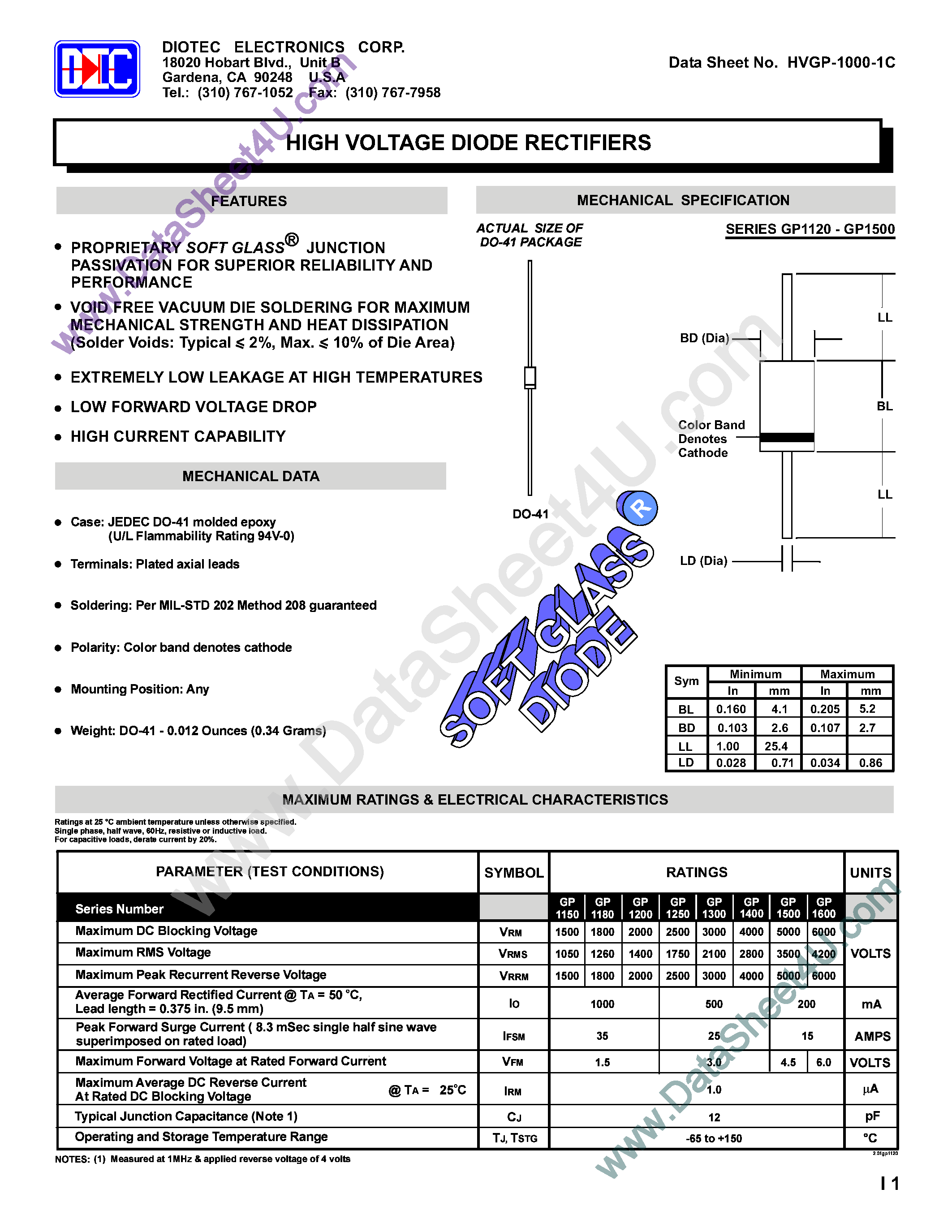 Datasheet GP1150 page 1 Datasheet GP1150 - (GP1xxx) High Voltage Diode Rectifiers page 1